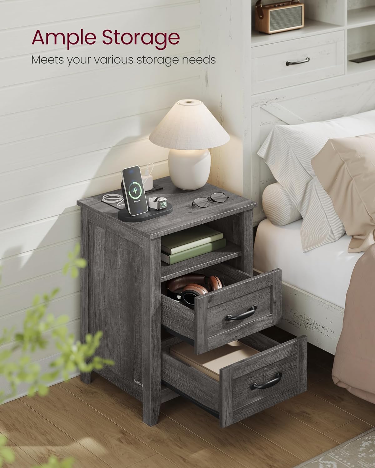 VASAGLE LIRY Collection - Farmhouse Nightstand with Charging Station, Bedside Table, Side Table with 2 Drawers, Open Compartment, for Bedroom, Misty Gray ULET669G01