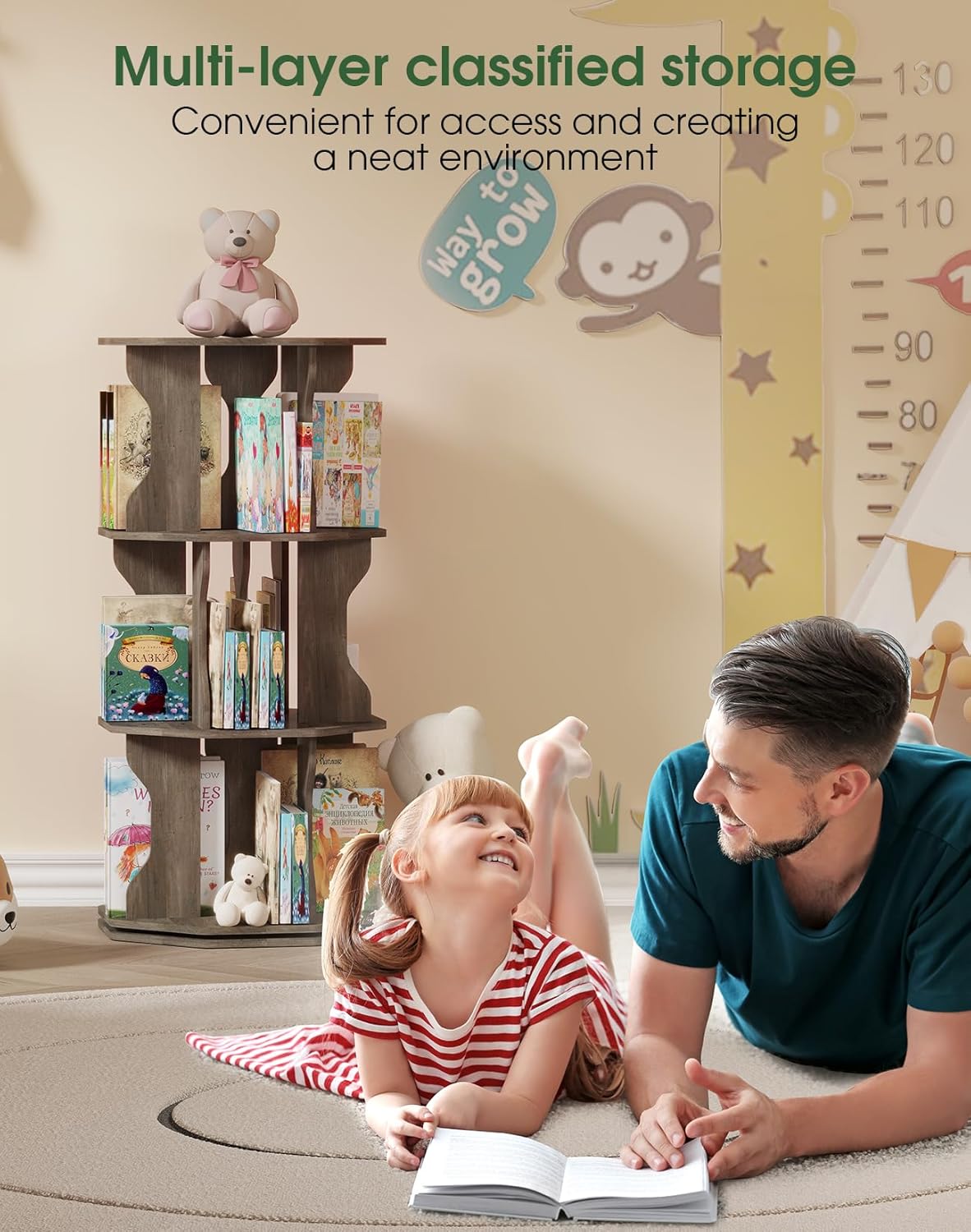 4 Tier Rotating Bookshelf, Spinning Bookshelf Tower Lazy Susan, Corner Revolving Storage Rack for Bedroom, Study Room, Kids Room, Living Room, Office, Gray