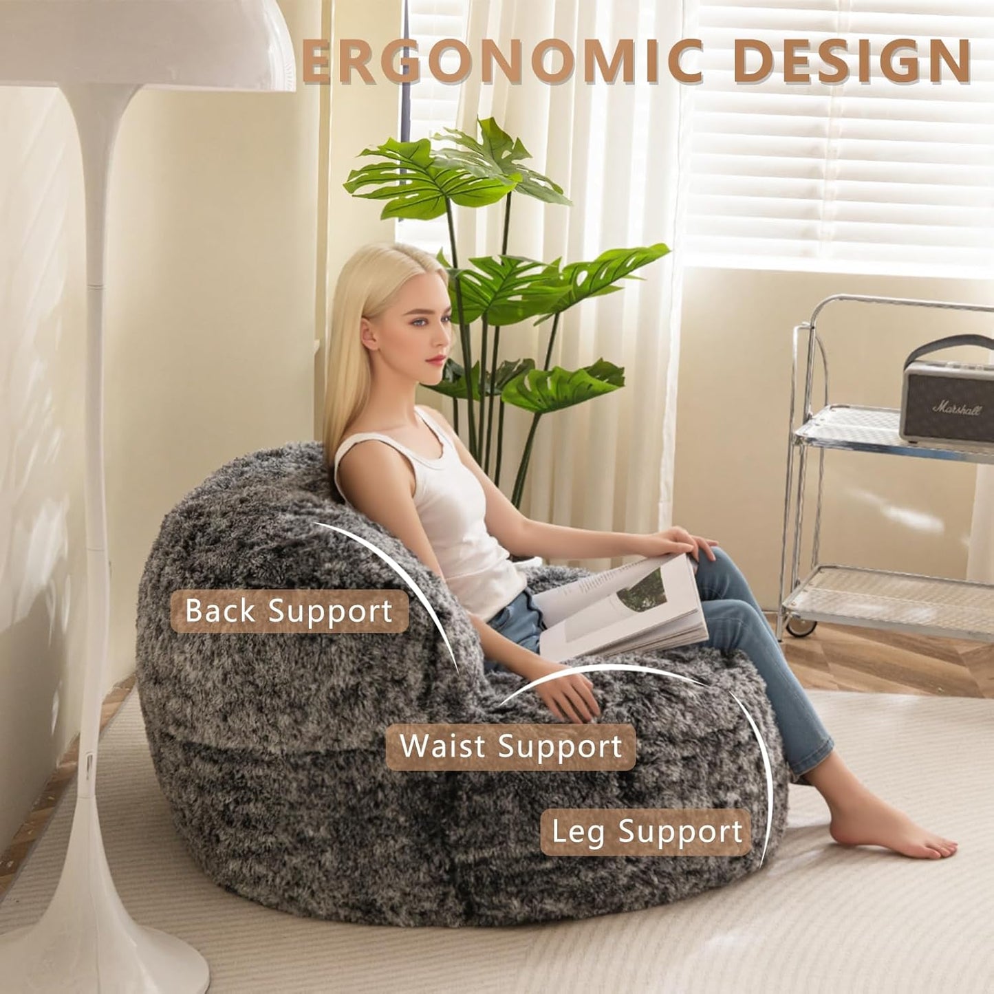 BYBYME Giant Bean Bag Chair, Faux Fur Bean Bag Couch with Filler Large Living Room Bean Bag Chairs for Adults, Big Lazy Sofa Accent Chair with Pocket Floor Chair