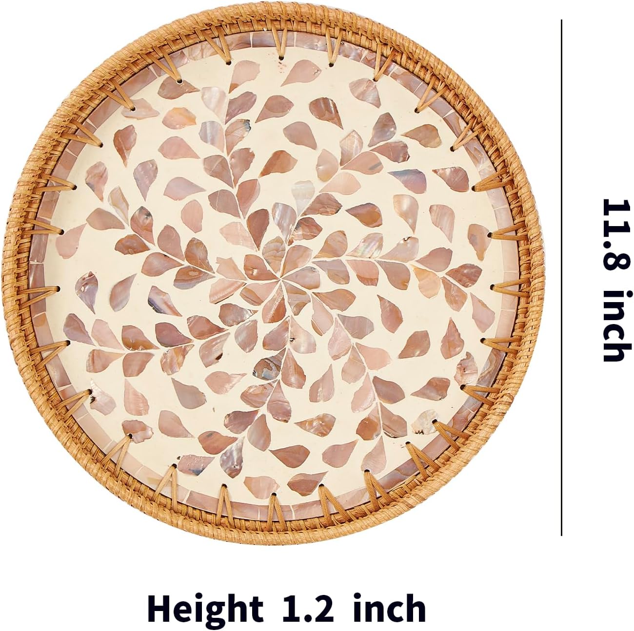 Round Rattan Tray with Mother of Pearl Inlay, Rattan Serving Tray with Wooden Base, Decorative Wicker Basket for Table Decor, Storage and Display of Coffee Bread Food Fruit (Wicker)