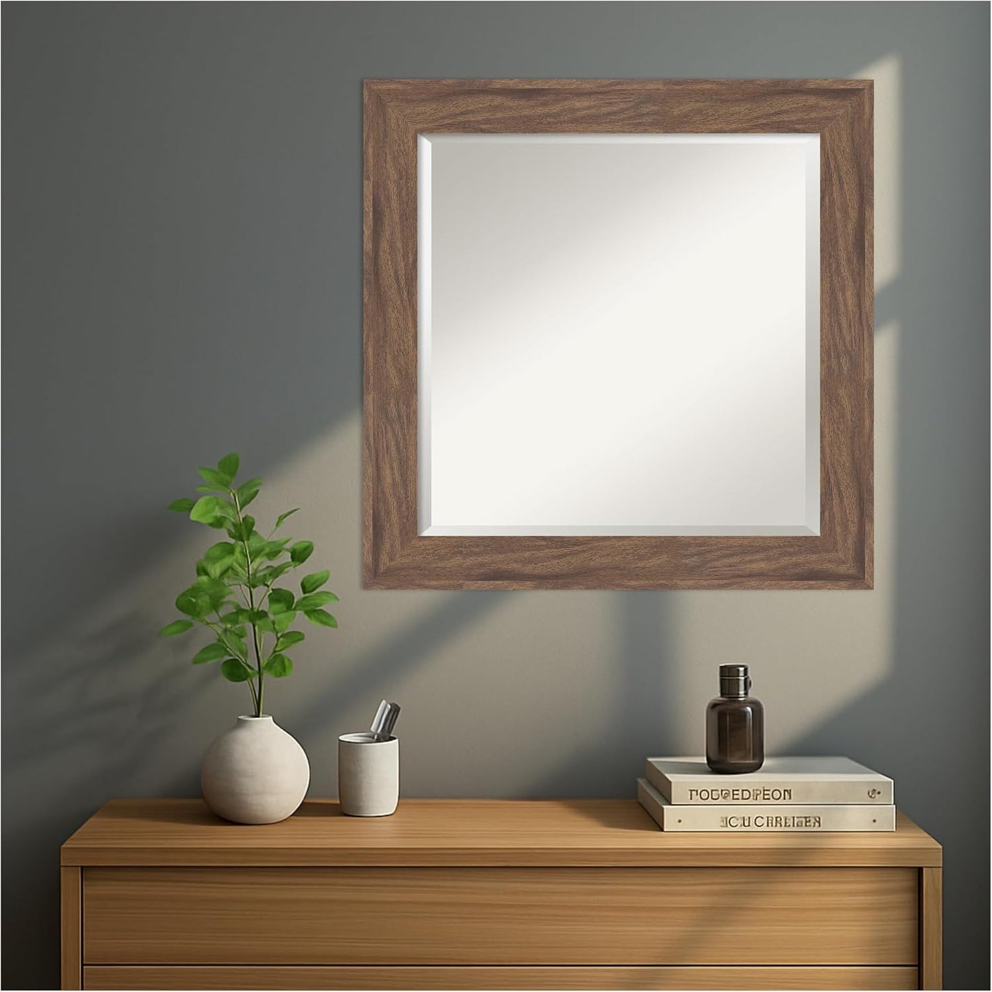 Amanti Art Brown Wall Mirror 25x25 Pia Medium Brown Square Bathroom Mirror for Wall Decor Living Room, Medium Casual Frame, Hangs Horizonally and Vertically, Bathroom Decor, Beveled Edge