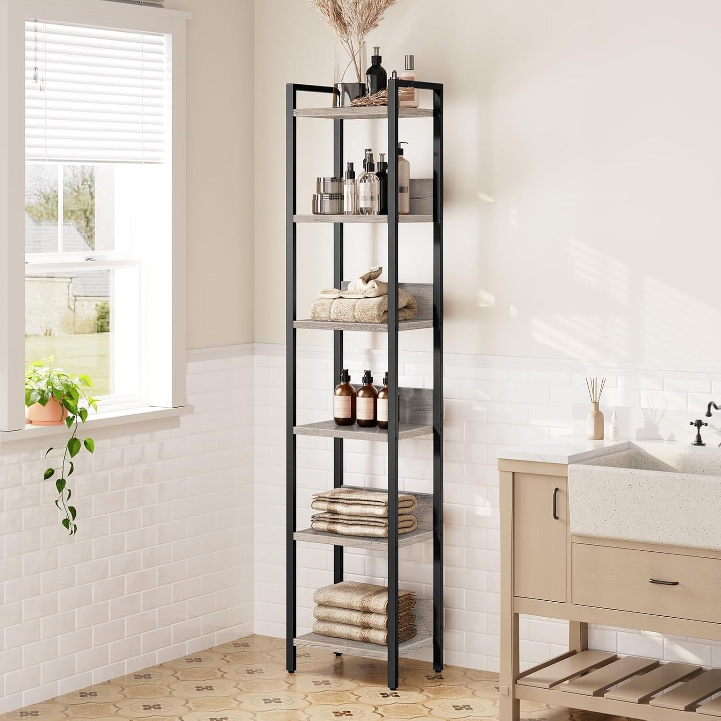 Bookshelf, 6-Tier Bookcase, Standing Book Shelf for Small Space, Storage Shelf Organizer, for Living Room, Bedroom, Study, Balcony, Greige and Black BKHG6601