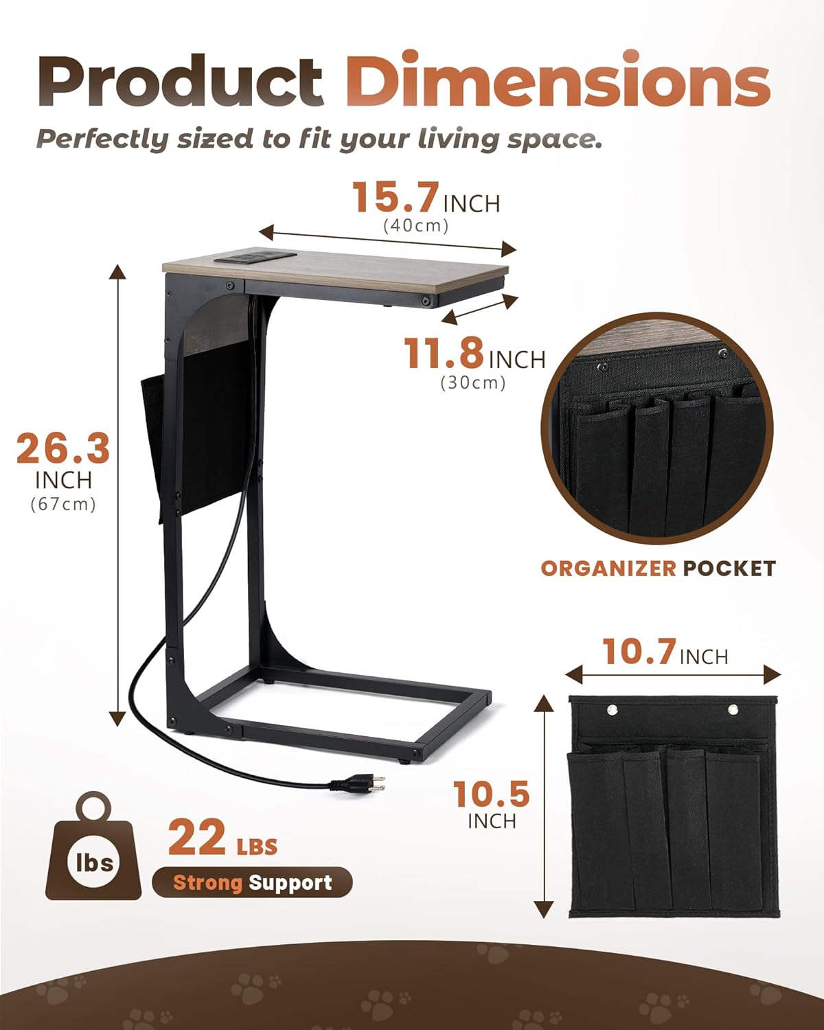 C Shaped End Table with Charging Station, Couch Side Table with Storage Pocket, Slide Under Couch Sofa Table Tray, Greige