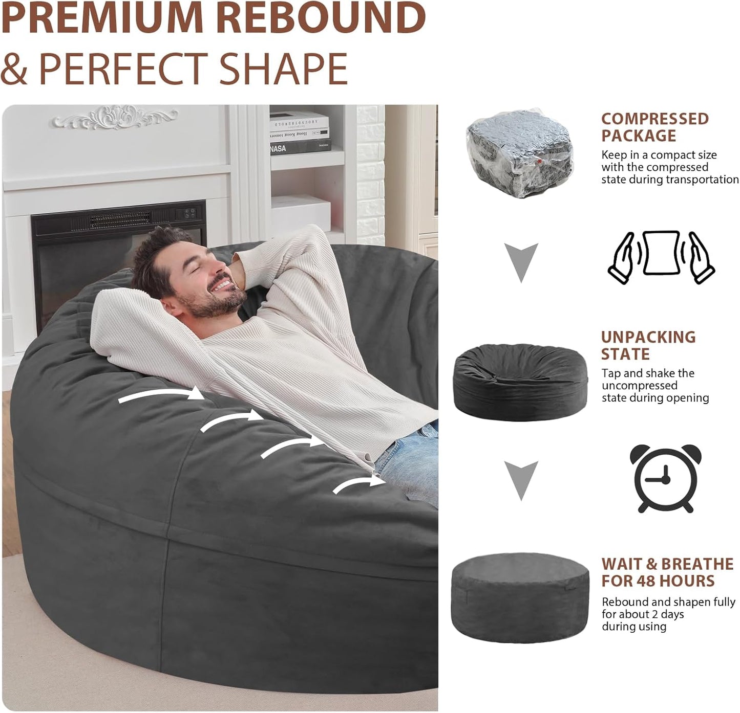 6FT Bean Bag Chair, Large Bean Bag Chairs with Memory Foam Filled, Fluffy Beanbag Sofa with Dutch Velvet Cover, Round BeanBag Chairs for Living Room, Playroom - Grey