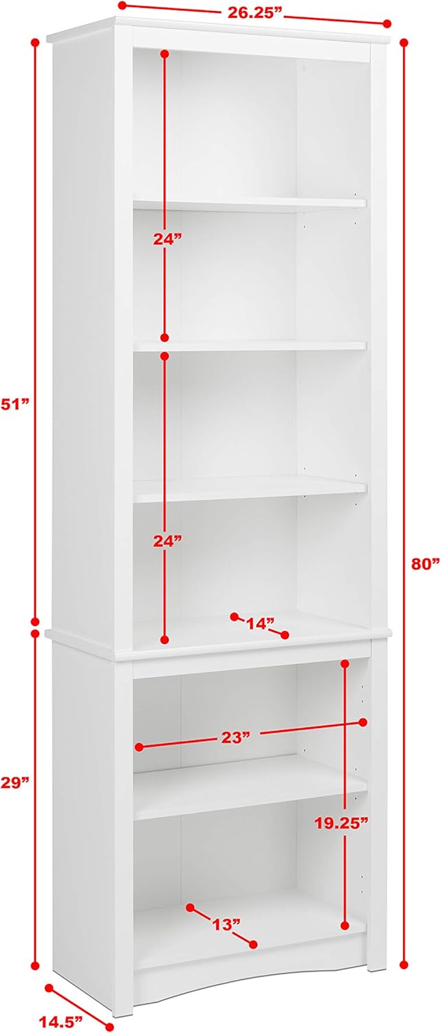 Prepac Sonoma Tall 6-Tier Bookcase 80"H with 2 Adjustable Shelves, White Storage Cabinet, Modern Display Cabinet, Bookshelf with Storage Shelves for Home Office, Living Room, Bedroom Organizer