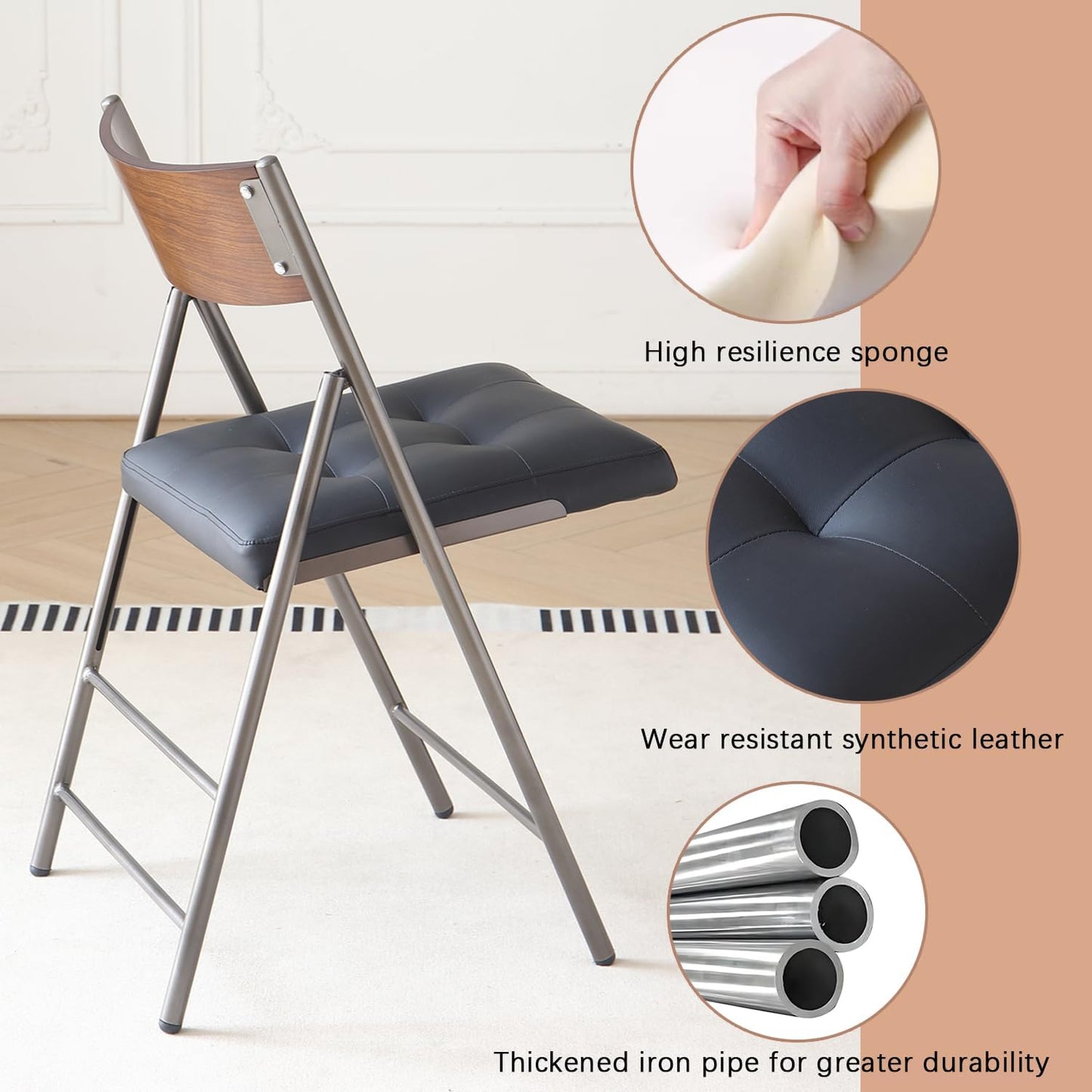 2 Pack Folding Chairs with Thick Padded Seat,Heavy Duty Steel Frame Foldable Dining Chairs with Soft Cushion Set of 2,Portable Indoor Outdoor for Home Kitchen,Office,Events,Wedding(Black)