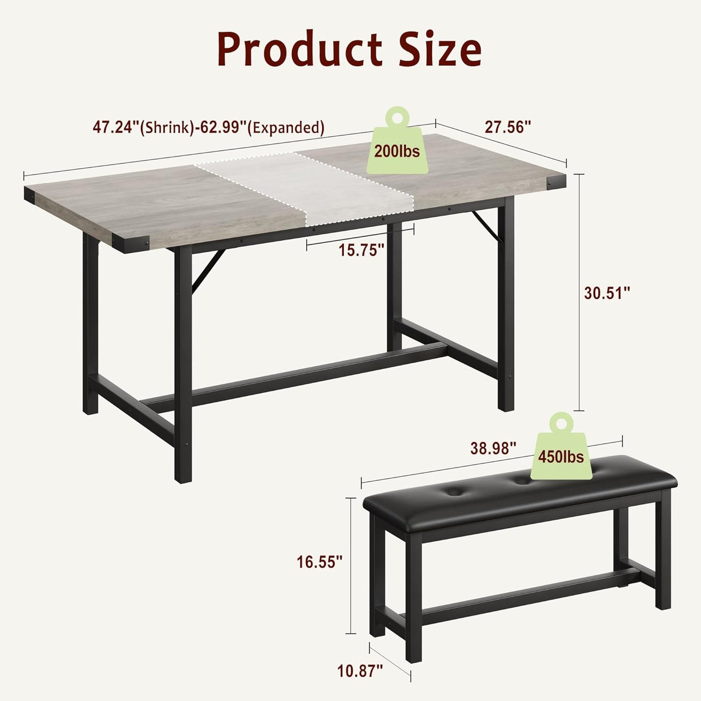 3-Piece Dining Table Set for 4-6 People, Extendable Kitchen Table Set with 2 Upholstered Benches, Dining Room Table Set for Apartment, Kitchen, Living Room, Gray
