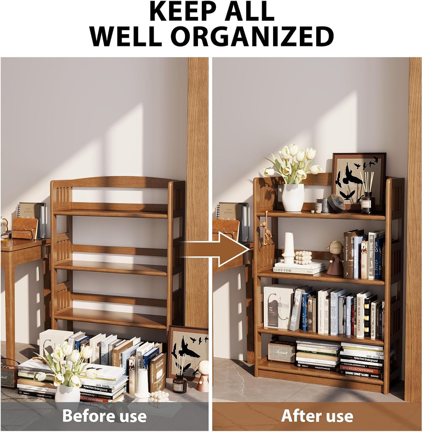 5-Tier Solid Wood Open Bookcase,Modern Display Bookshelf,Farmhouse Wide Etagere Bookcase, Freestanding Storage Cabinet for Study Room Office Living Room Flower Rack