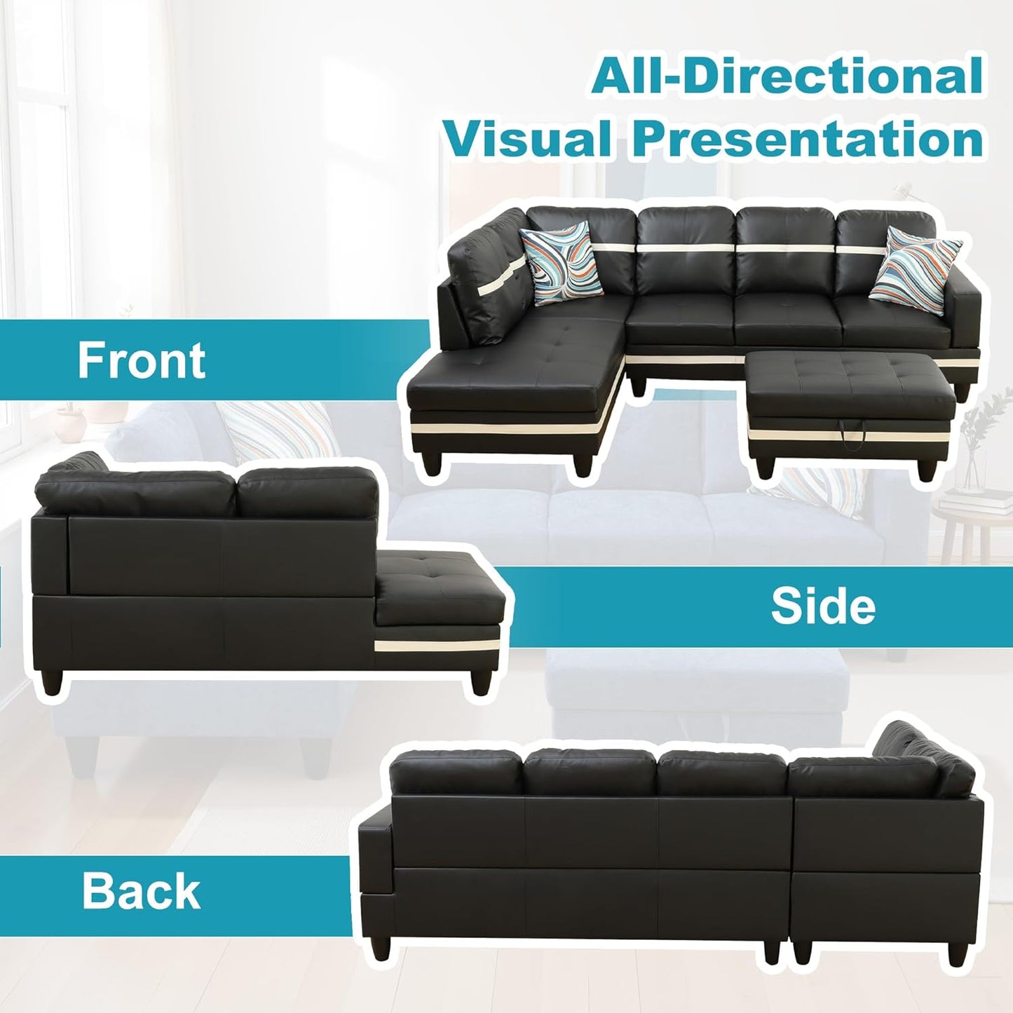 L Shaped Couch PU Leather Sectional Couch Upholstered 3 Pieces Sofas for Living Room with Chaise, Storage Ottoman for Office and Small Apartment, Black