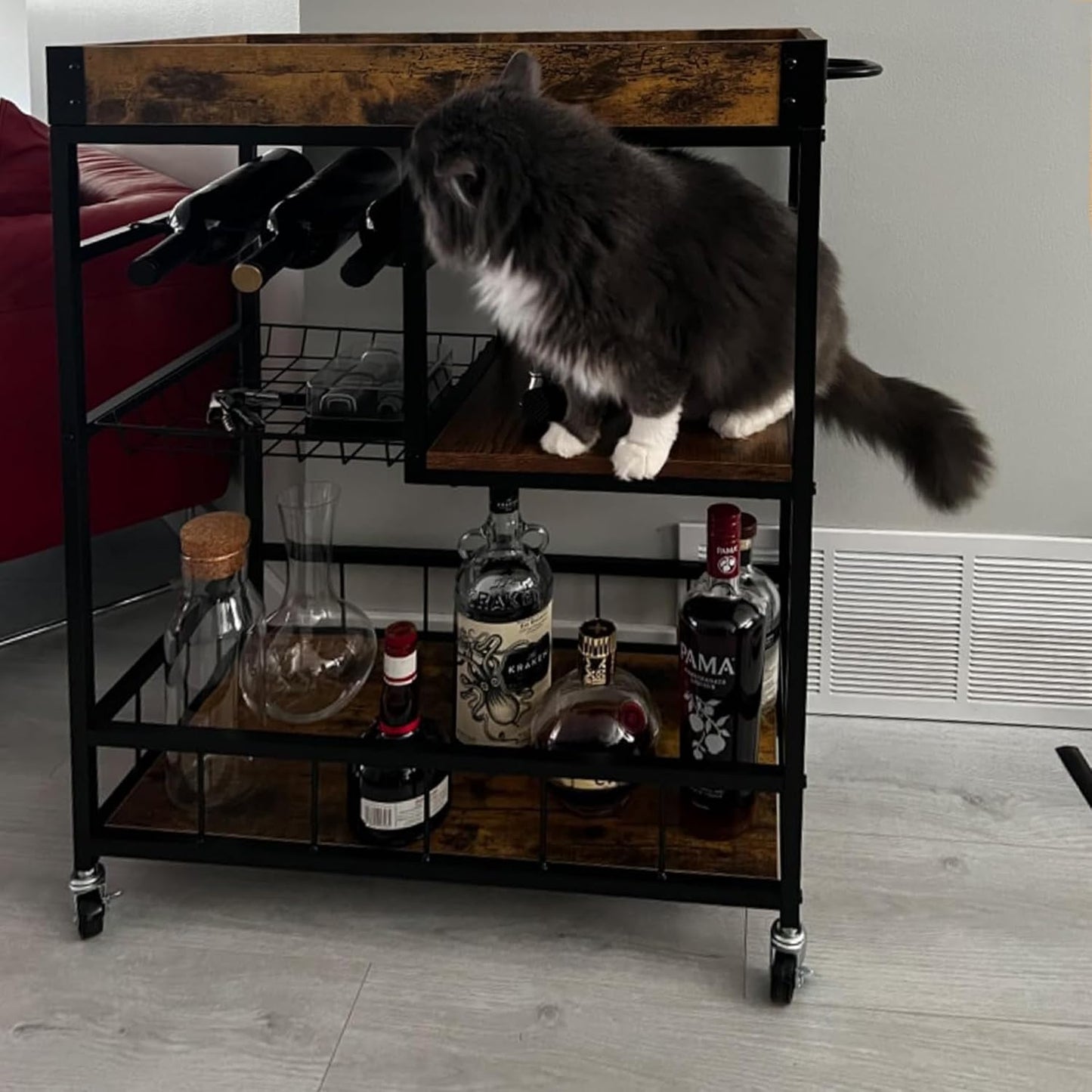 Bar Cart with Basket 3 Tiers Home Rolling Wine Rack with Wheels Mobile Kitchen Industrial Vintage Style Wood Metal Serving Trolley Serving Cart,Glass Holder Bar Cabinet