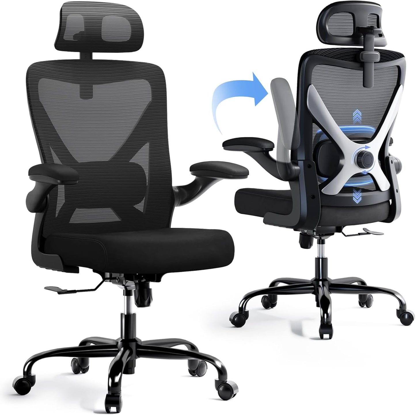 Ergonomic Office Chair - X-Shaped Computer Desk Chair Comfy, Gaming Chair, Office Chair with Lumbar Support, Mesh Office Chairs with Headrests, Desk Chair for Long Hours (Black Silver)