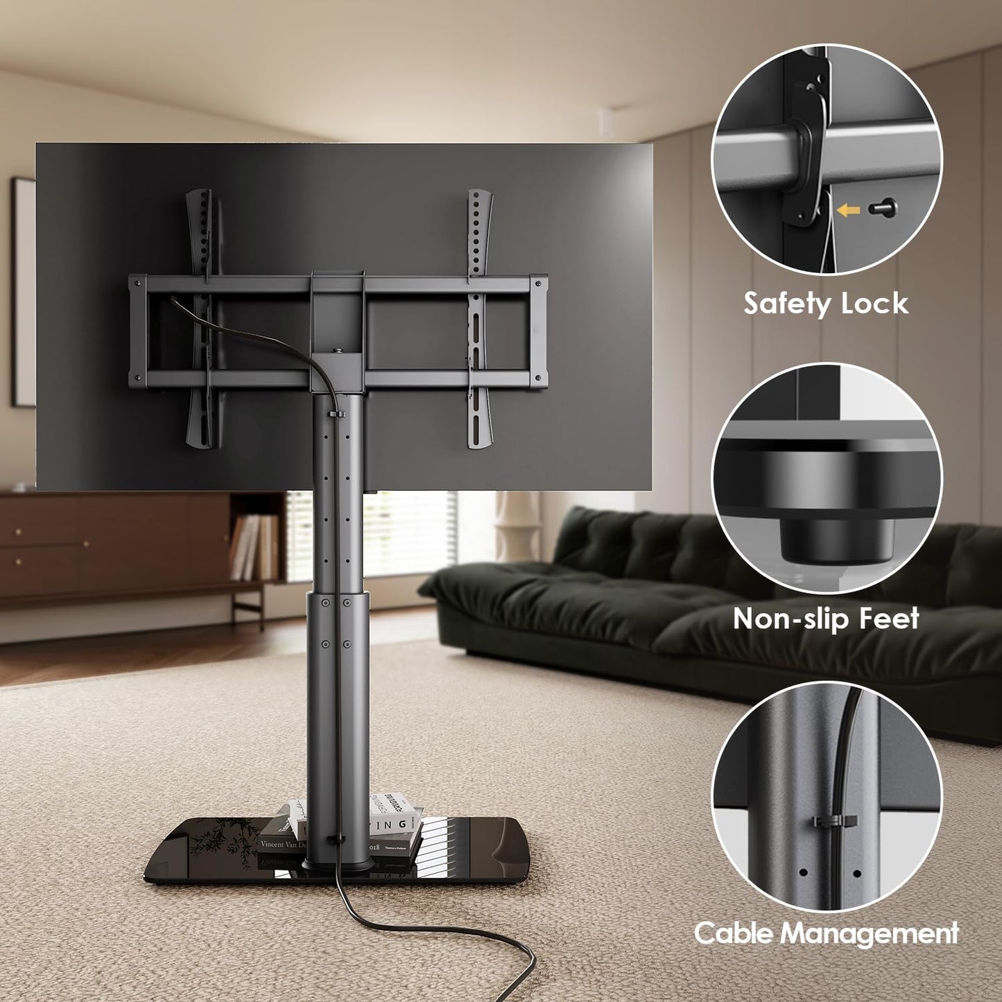 FITUEYES Universal TV Stand Mount for 43-80 85 inch TVs, Swivel Tall TV Mount Stand, Table Top TV Stand Base Replacement, Height Adjustable TV Table Stand, Glass Base, Max Holds 110lbs