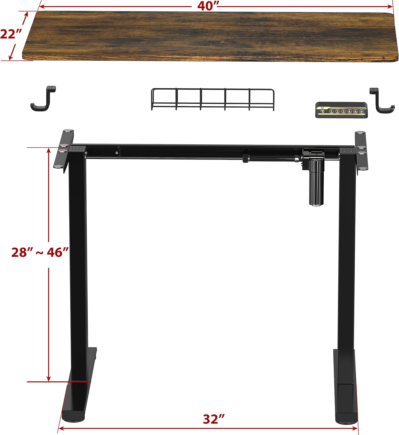SHW 40 x 22 Inches Electric Height Adjustable Sit to Stand Desk with Hanging Hooks and Cable Management, Black Frame and Rustic Brown Top