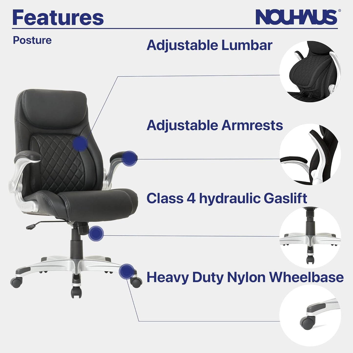 Nouhaus +Posture Ergonomic PU Leather Office Chair. Click5 Lumbar Support with FlipAdjust Armrests. Modern Executive Chair and Computer Desk Chair (Black)