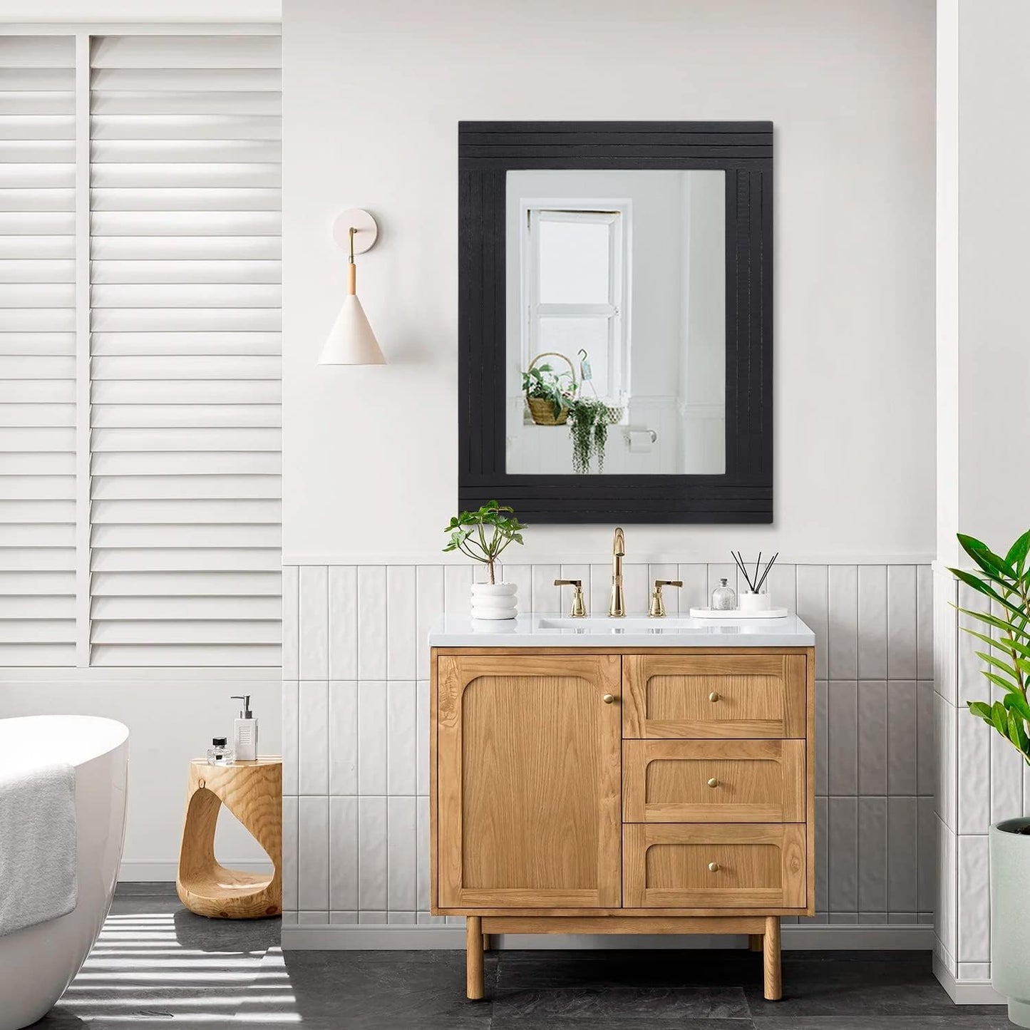 Black Wall Mirror Rectangular Vintage Rustic Wood Framed Large Mirror Deco Farmhouse Living Room Bathroom Bedroom Entrance Mirror 26" x 18"