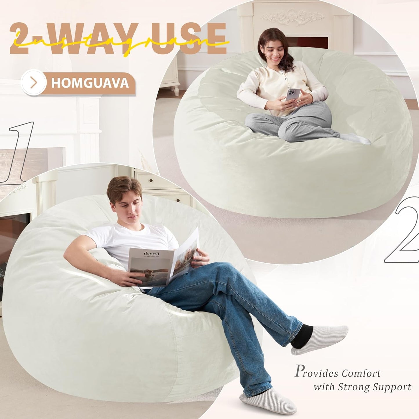 Homguava 6 FT Bean Bag Chair: 6' Bean Bags with Memory Foam Filled, Large Beanbag Chairs Soft Sofa with Dutch Velvet Cover-Beige
