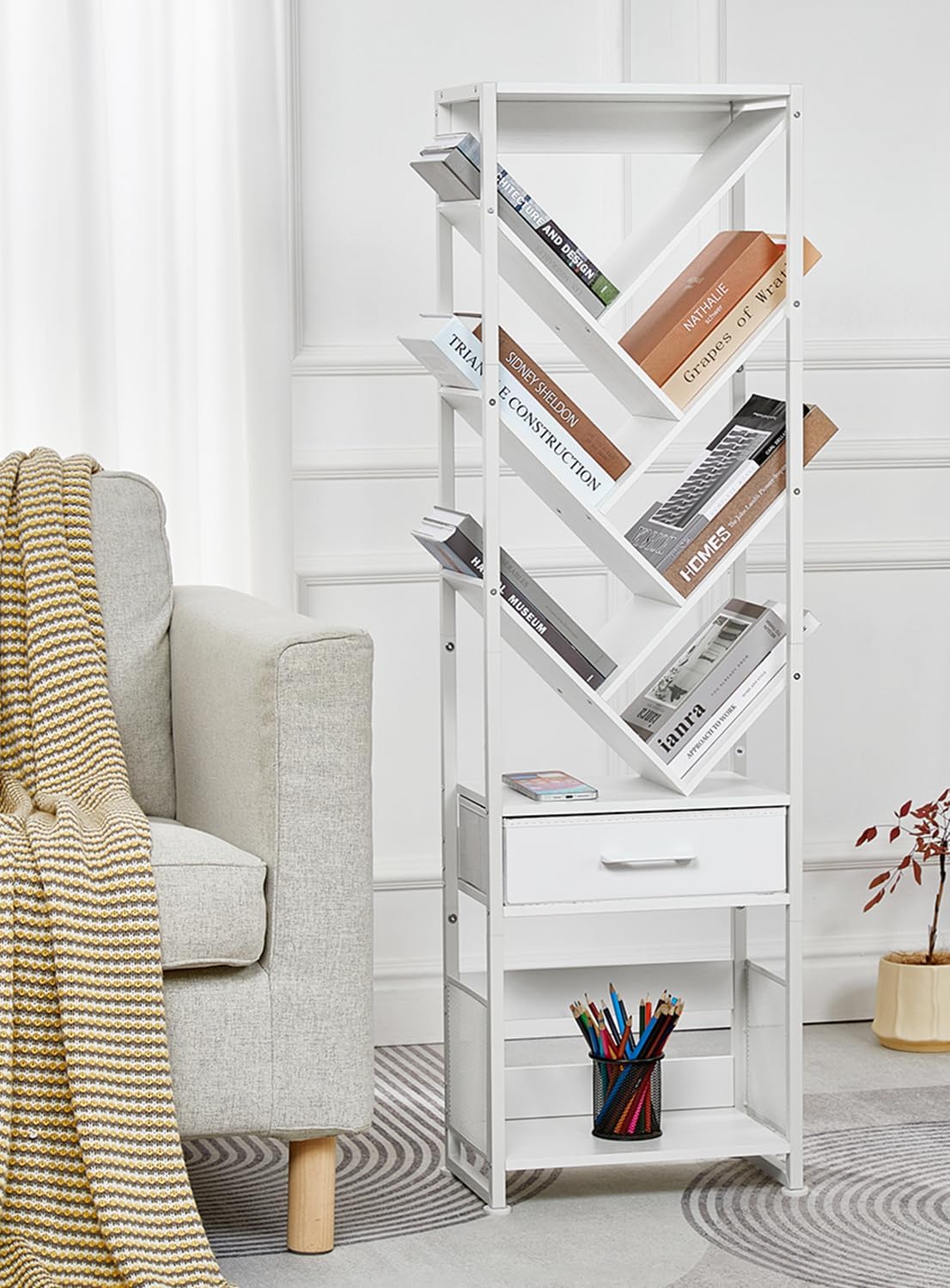 Bookshelf with Drawer,10 Tier Tree Bookcase Retro Floor Standing Bookshelves,Tall Wood Bookcases with Cabinet Storage Organizer for Living Room, Bedroom & Home Office, White