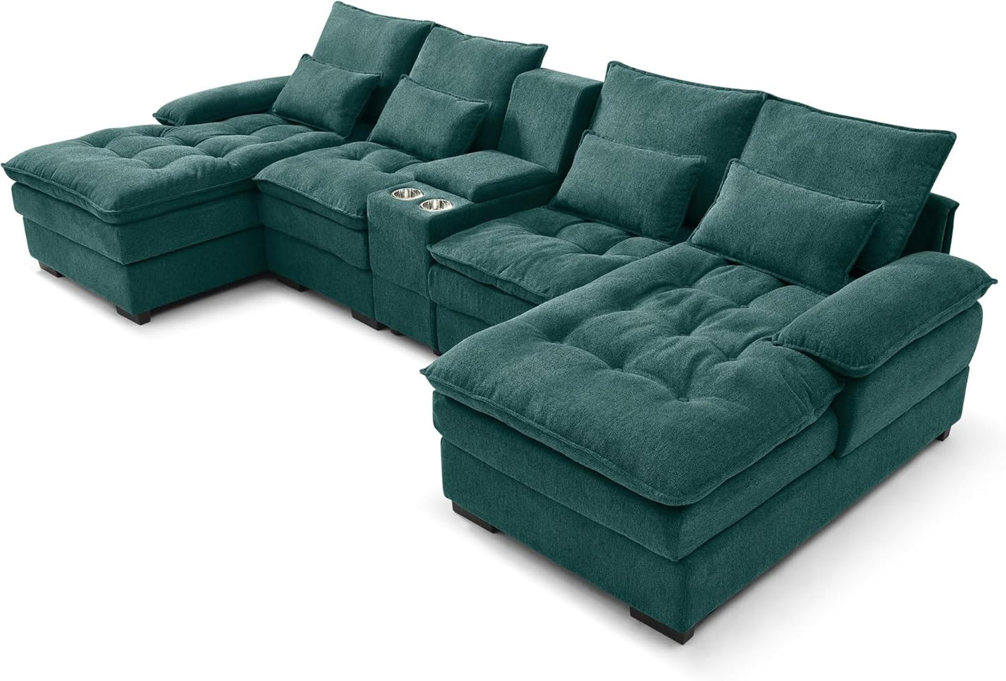 130" U-Shaped Sectional Sofa with Storage Console & Cup Holders, Upholstered 6 Seat Living Room Sleeper Couch Furniture Set w/Chaise, Cloud Cushion Couch for Home, Office, Apartment,Green
