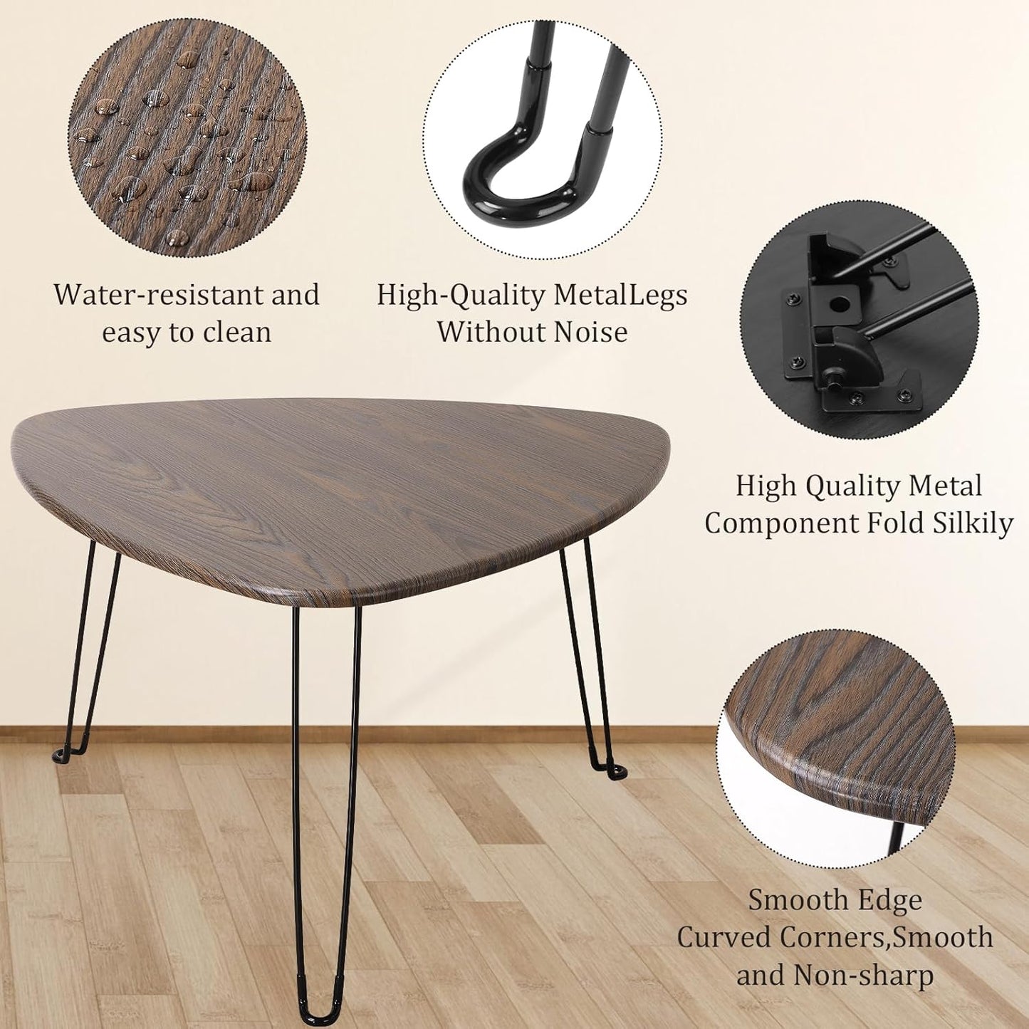 Folding Coffee Tables for Small Spaces Foldable Industrial Sofa Center Table Triangle Design Wood Framed Coffee Table Mid Century Rustic Brown Floor Desk for Living Room Balcony