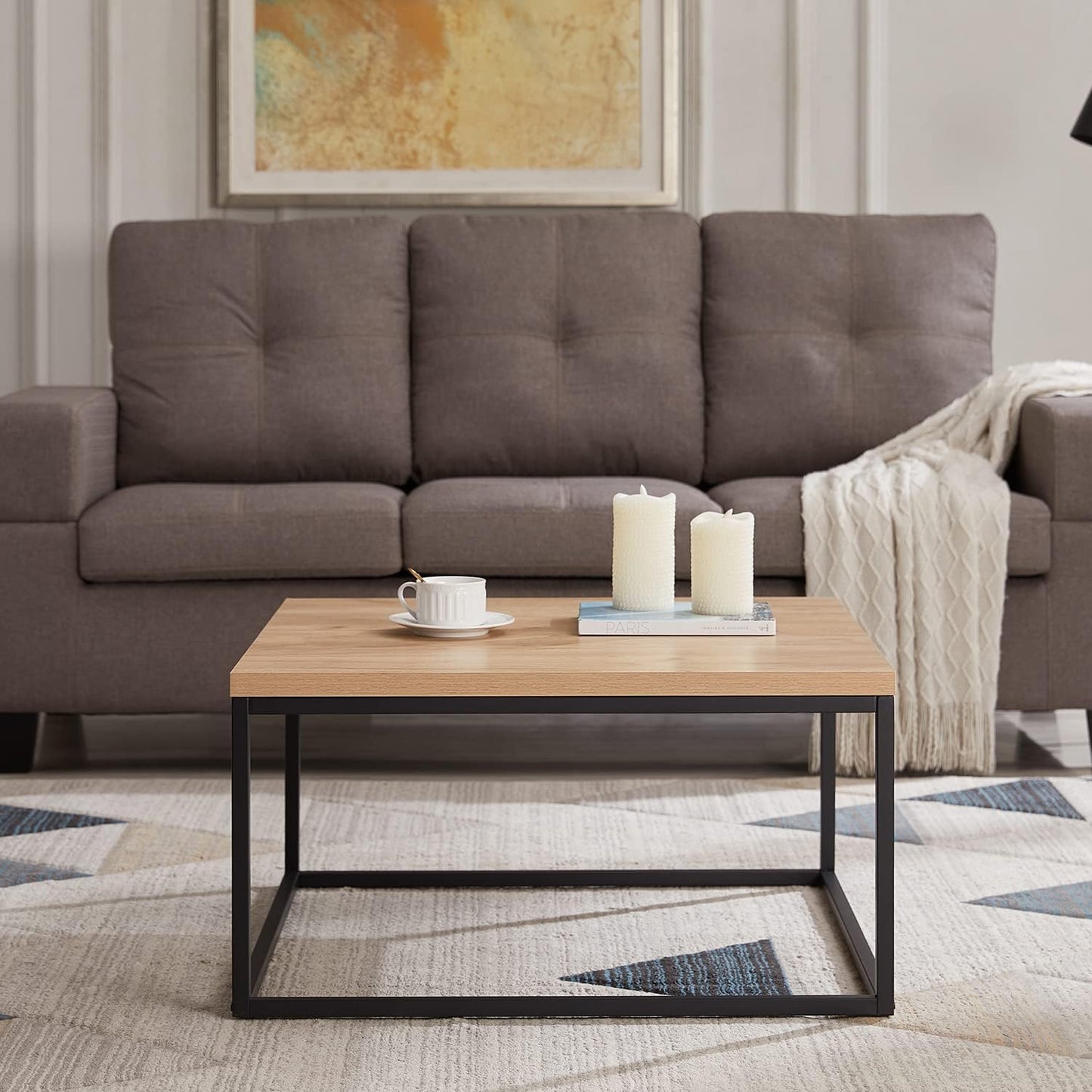 CENSI 30"x30" Natural Oak Accent Coffee Table Ottoman for Living Room, Modern Industrial Style, 1.2" Extra Thick Tabletop (Light Wood)