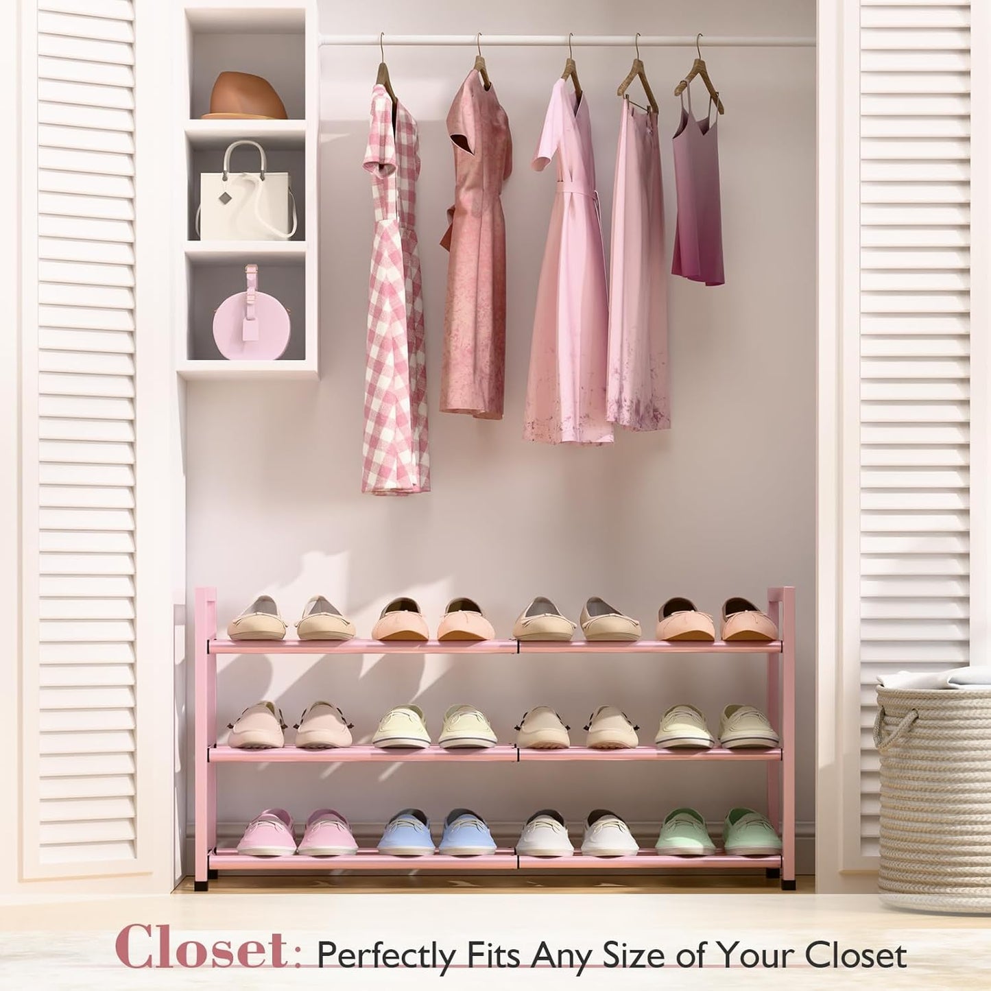 Bumusty 3-Tier Expandable Shoe Rack for Closet, 18“-33” Adjustable Shoe Rack for Small Space, Small Shoe Organizer for Front Door, Sturdy Metal, Pink