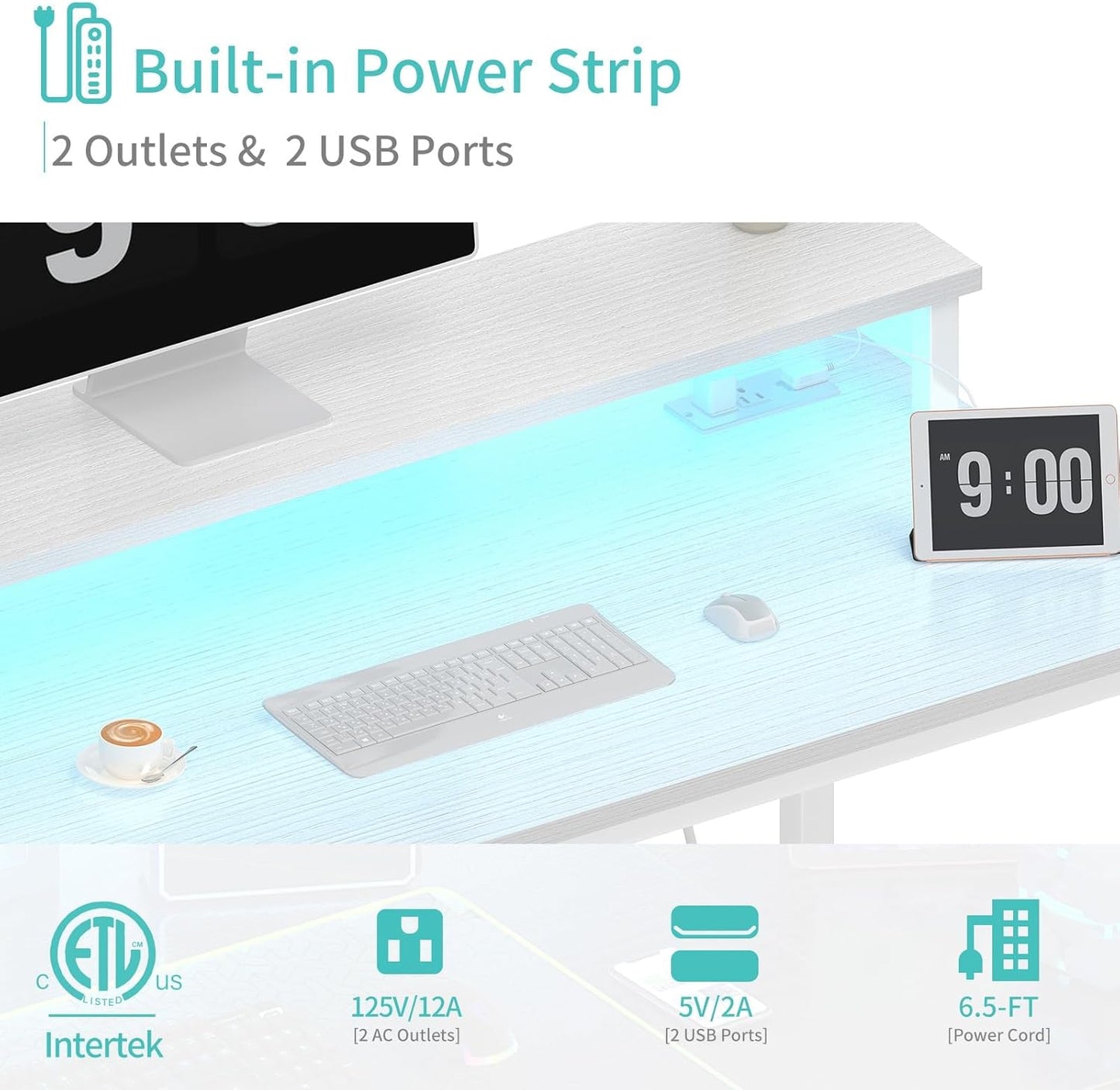 Lufeiya White Computer Desk with LED Lights and Power Outlets, 40 Inch Home Office Desks with Monitor Stand, Teen Writing Study Table Gaming Desk with Charging Station, White