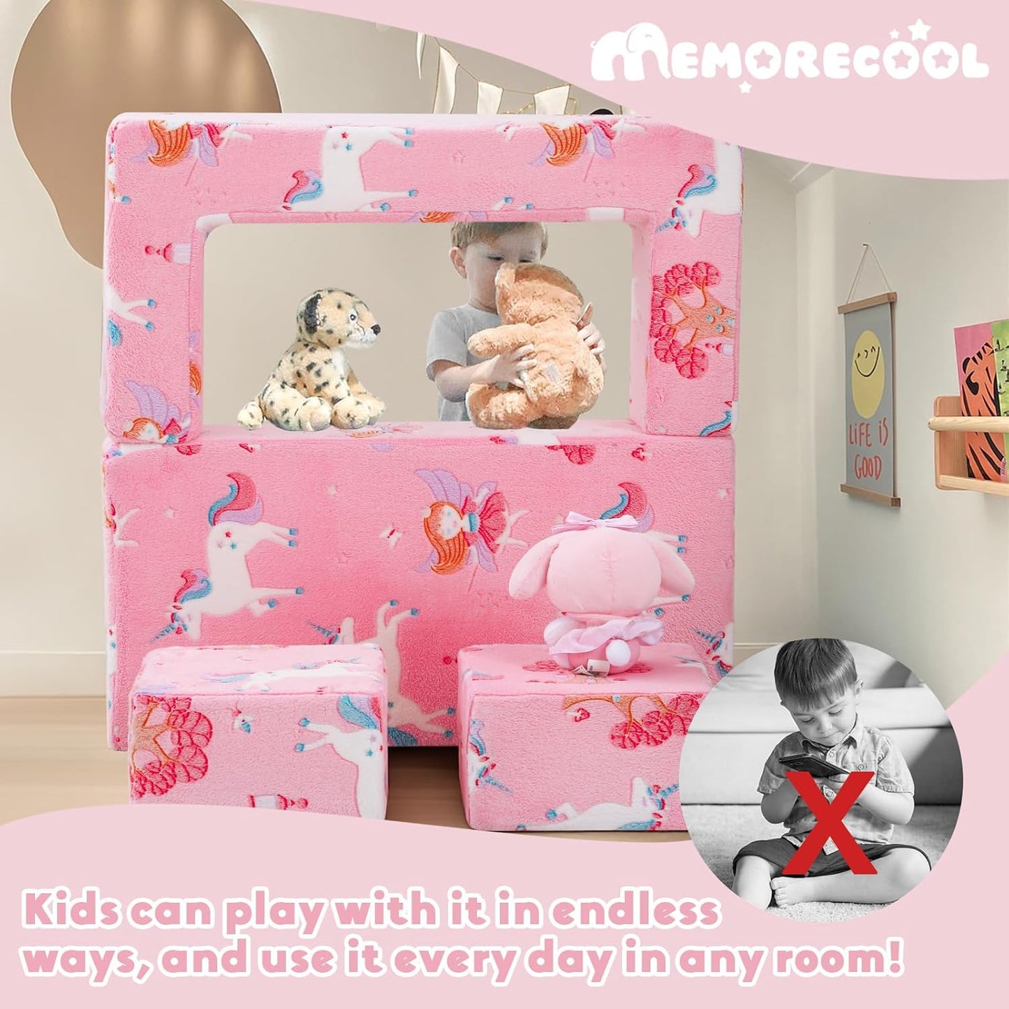 MeMoreCool Modular Kids Couch, Glow Play Toddler Couch for Bedroom Playroom, Convertible Foam Kids Sofa Bed, Fold Out Baby Sofa for Girl Boy, Pink Fairy