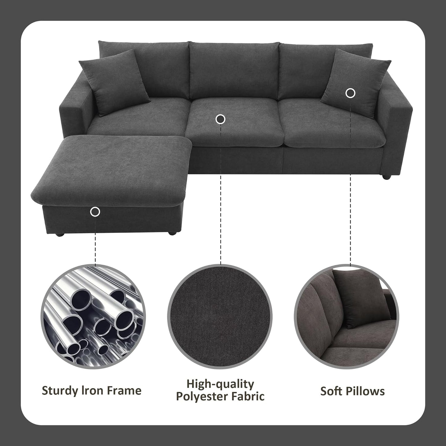 100" Modern Sectional Sofa with Convertible Ottoman,L-Shaped Couch Set W/ 2 Free Pillows,4-seat Polyester Fabric Indoor Luxury Furniture for Living Room, Apartment,Office,Dawn Grey