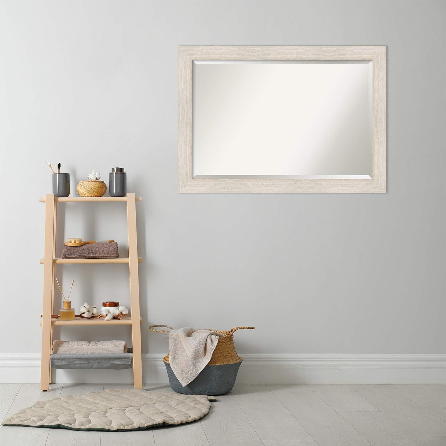 Amanti Art White Bathroom Mirror for Over Sink, 29x41 Hardwood White Wash Rectangle Vanity Mirror, Large Rustic Farmhouse Wood Frame, Hangs Horizonally and Vertically, Bathroom Wall Decor, Beveled