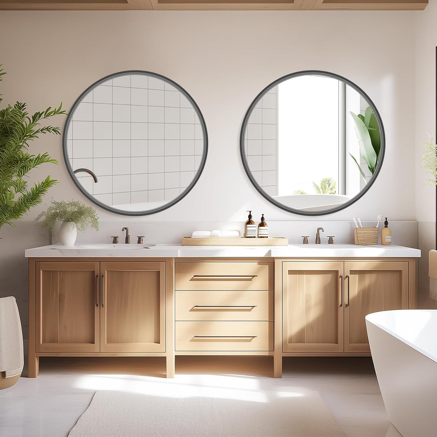 HOMECOOKIN Round Wood Mirror, 31" Round Bathroom Wall Mirror Circle Mirrors for Wall Decor, Vanity, Living Room, Bedroom, Entryway, Black