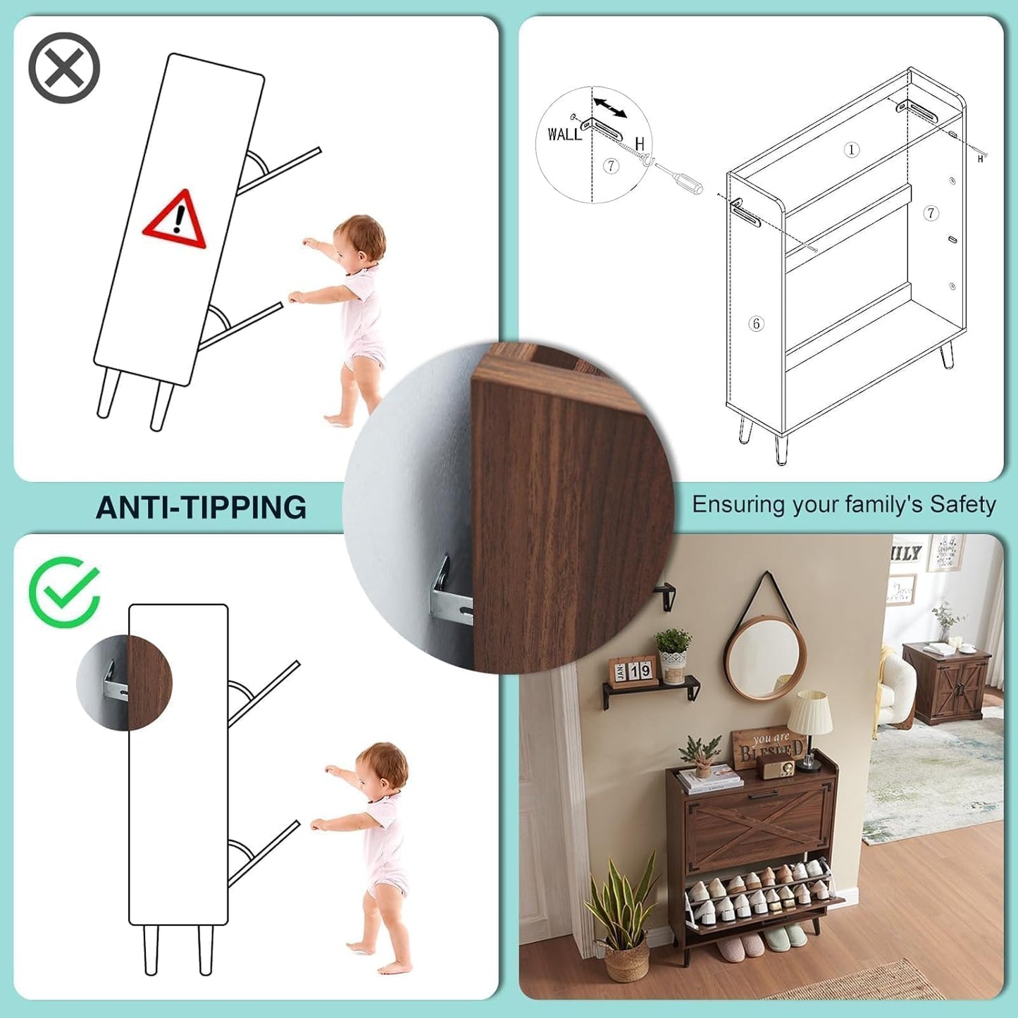 Shoe Storage Cabinet,Farmhouse Shoe Organizer with 2 Flip Drawers & Barn Door Design,Freestanding Hidden Slim Narrow Shoe Rack Cabinet for Entryway,Foyer,Hallway,Walnut