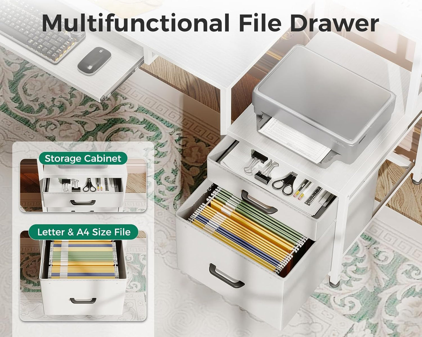 AODK Computer Desk with Drawers and Keyboard Tray, 48" Office Desk with Power Outlet and LED Lights, Reversible Study Work Desk with Printer Shelf and PC Stand for Home Office, White