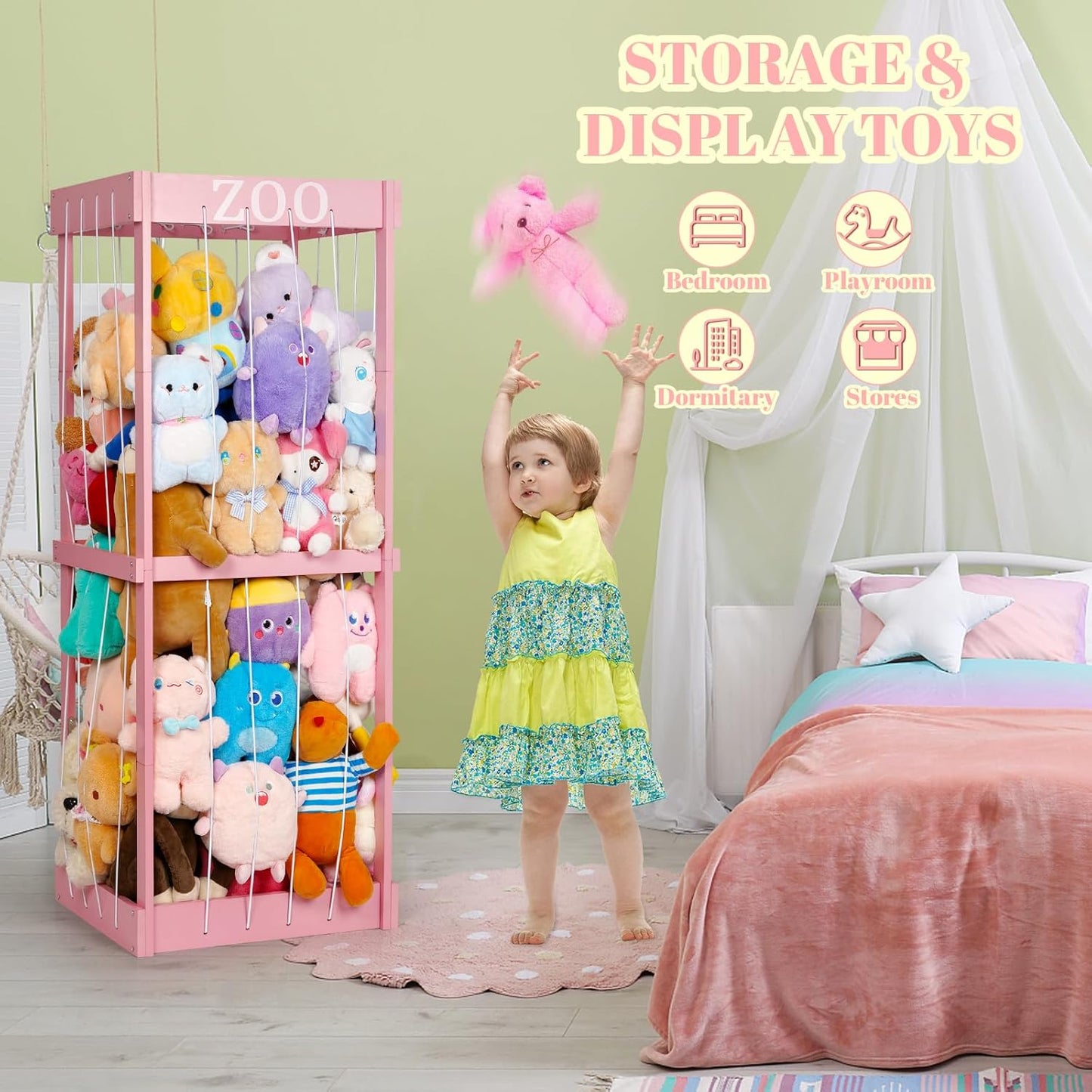 Trycooling Stuffed Animal Zoo Stuffed Animal Storage Wood Plushie Storage Stuffed Animals Zoo Storage Cage with Zoo Pattern Elastic Band for Nursery Play Room Bedroom (Pink)