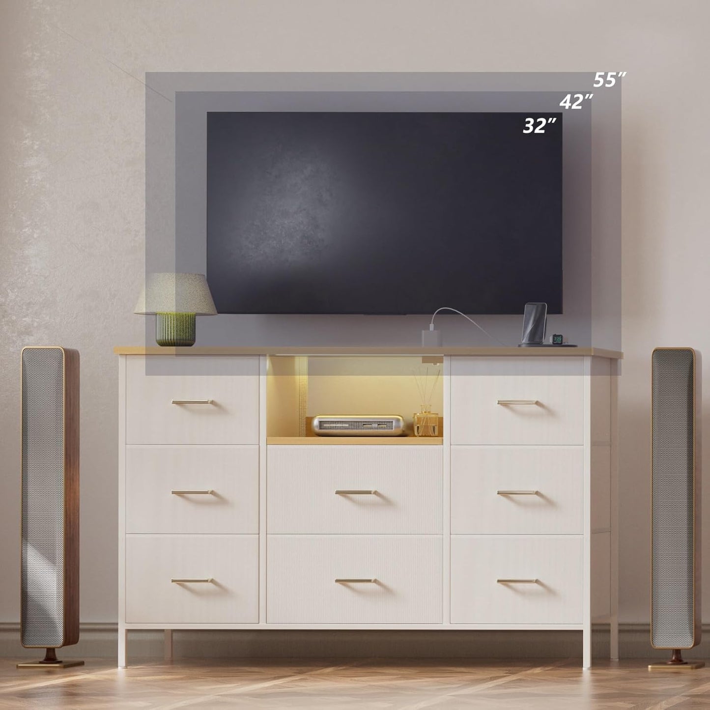 White Dresser with LED Lights and Power Outlets, Dresser TV Stand with 8 Drawers for 55" TV, Fabric Chest of Drawers for Bedroom, Living Room, Entryway