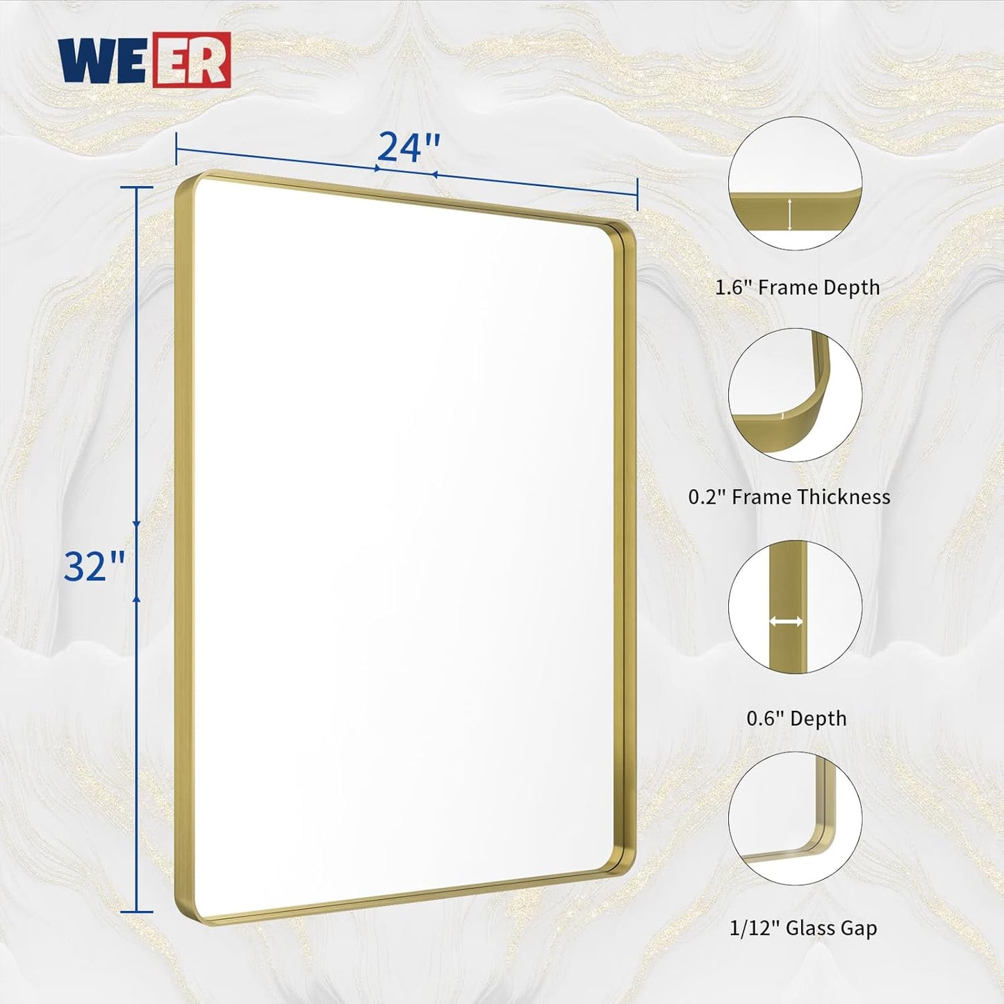 WEER Gold Bathroom Mirror, 24X32 Inch Brushed Gold Metal Frame Mirror, Rounded Rectangle Gold Bathroom Vanity Mirror for Wall, Tempered Glass, Anti-Rust, Hangs Horizontally or Vertically