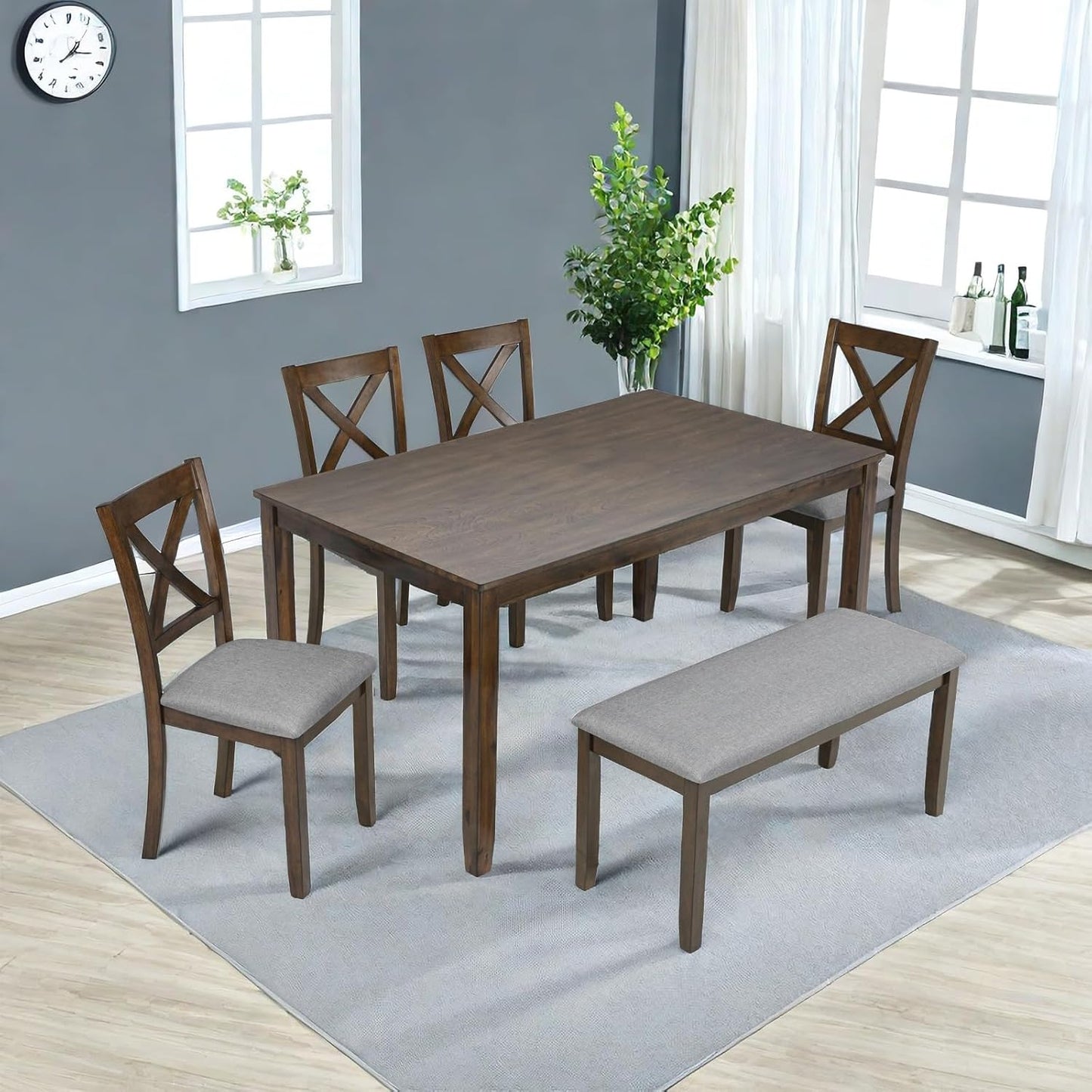 Dining Table Set, 6-Piece Modern Rectangular Dining Table & Chair Set with 4 Upholstered X-Shaped Backrest Chairs and a Bench, Walnut
