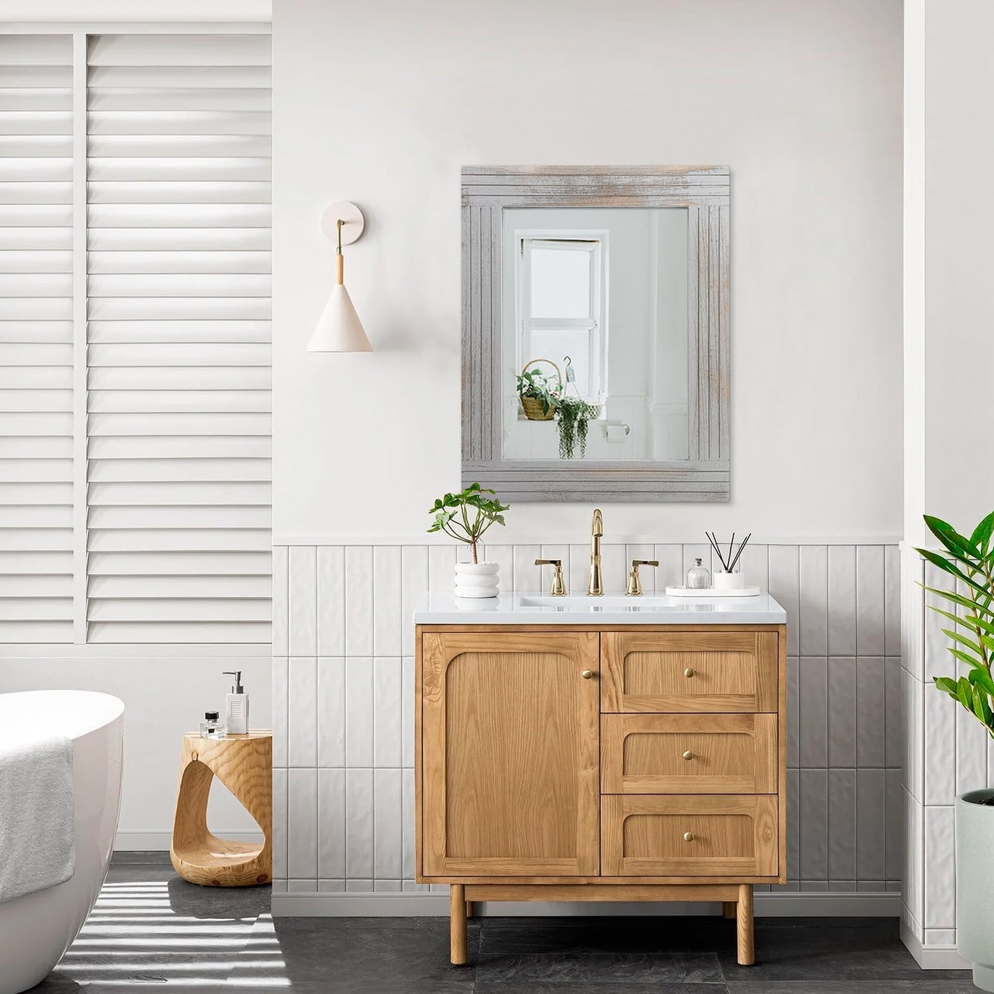 Rustic Mirror Wooden Frame Rectangular Antique Wall Mirror Decor Farmhouse Bedroom Dresser Bedroom Entryway Mirror Large Light Gray 20"x16"