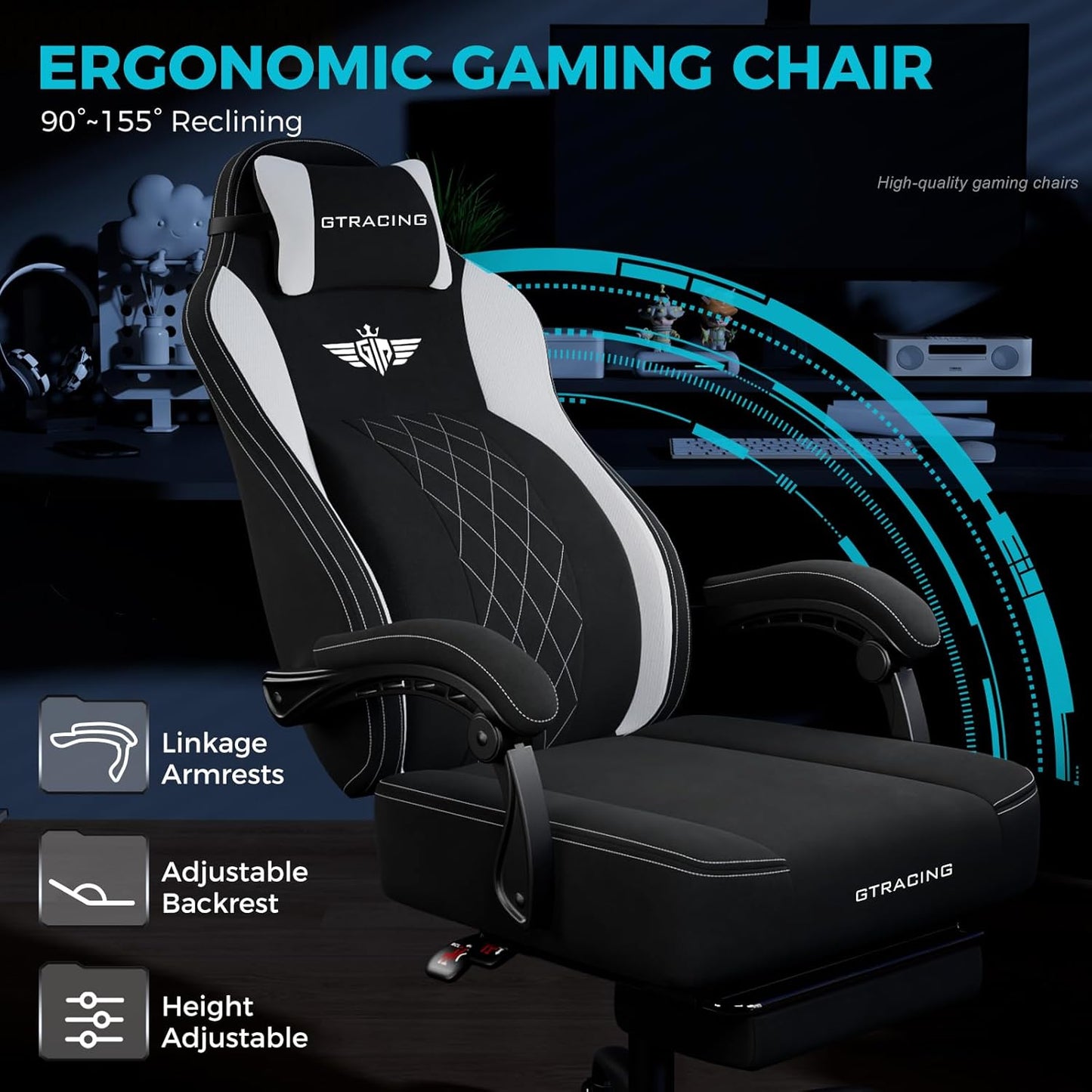 GTPLAYER Big and Tall Gaming Chair Breathable Fabric Computer Chair with Strong Lumbar Support, Comfortable Office Chairs with Pocket Spring Cushion, High Back Ergonomic Desk Chairs with Footrest