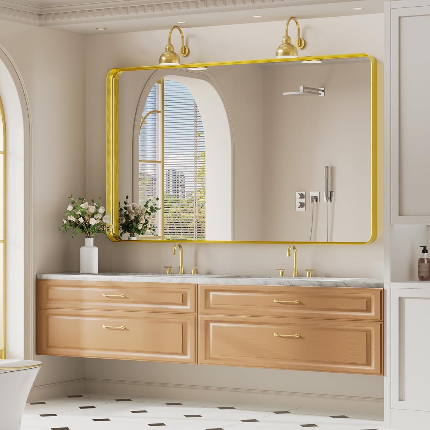 Koonmi Gold Wall Mirror for Bathroom, 36x60 Inch Matte Deep Framed Rounded Rectangle Vanity Mirror for Farmhouse Living Room, Tempered Glass, Anti-Rust, Vertically or Horizontally