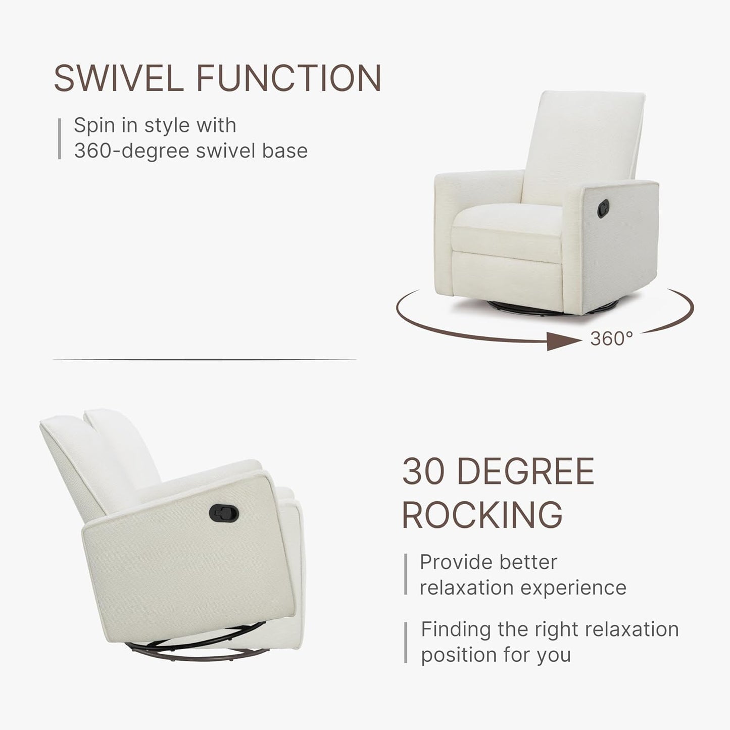 Upholstered Recliner Swivel Glider Nursery Chair Reclining Performance Fabric Rocker with Metal Base,Basketweave,Cream