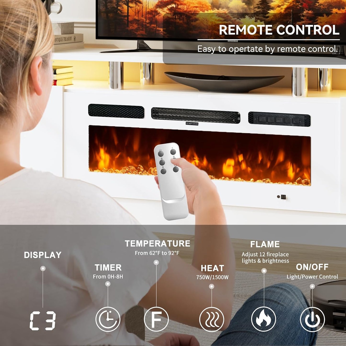 80" Entertainment Center & TV Stand, Modern Media Console with Storage Cabinet, Fits TVs up to 90", Living Room Furniture, 36" Electric Fireplace (All White)