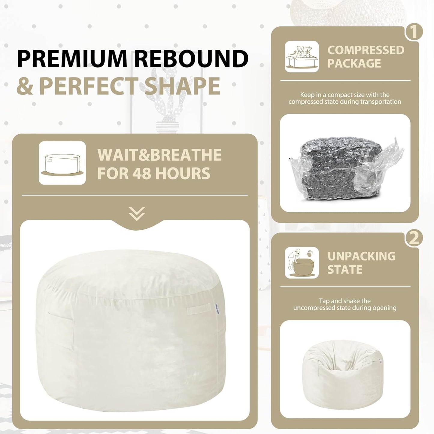 HABUTWAY Bean Bag Chair 3Ft Luxurious Velvet Ultra Soft Fur with High Rebound Memory Foam Bean Bag Chairs for Adults Plush Lazy Sofa with Fluffy Sponge 3' (Beige)