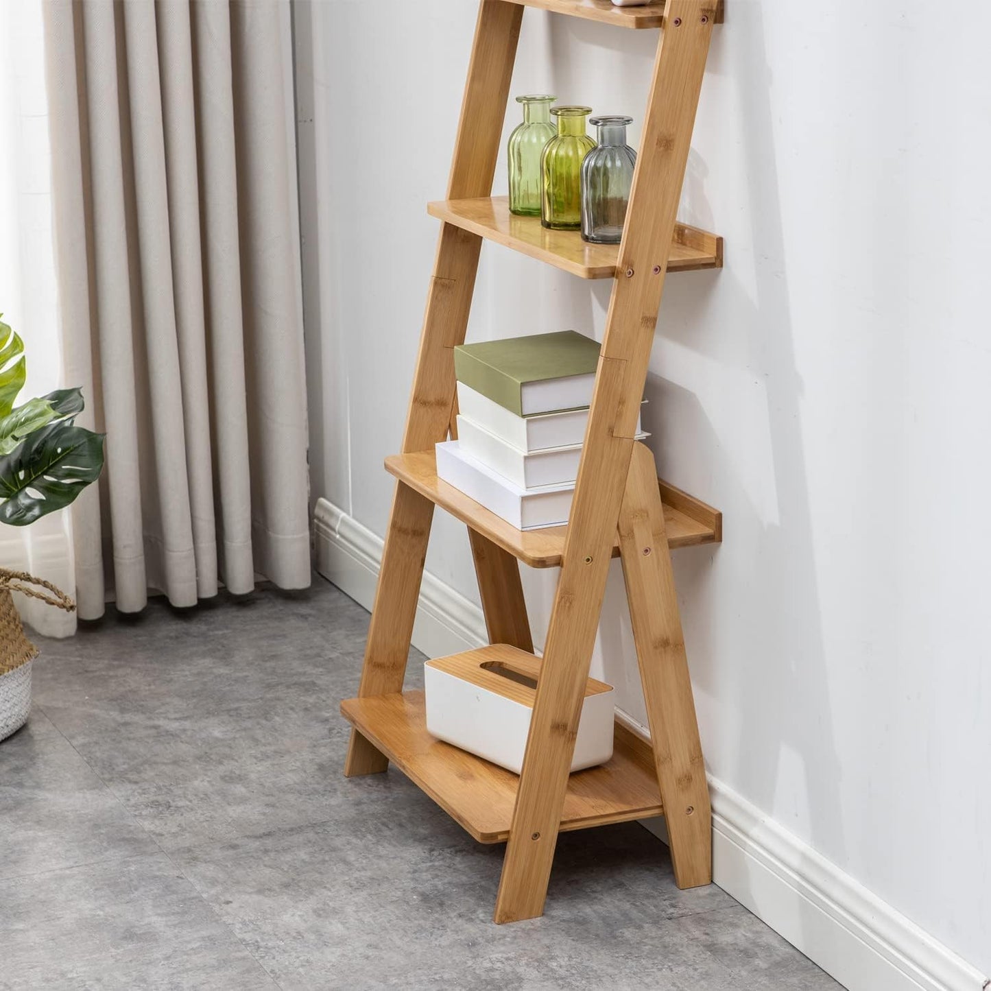 Maydear Bamboo Ladder Shelf Bookcase, 4-Tier Leaning Bookshelf Free Standing Organizer Storage Shelves for Living Room, Bedroom, Kitchen, Home Office, Balcony, Wood Color