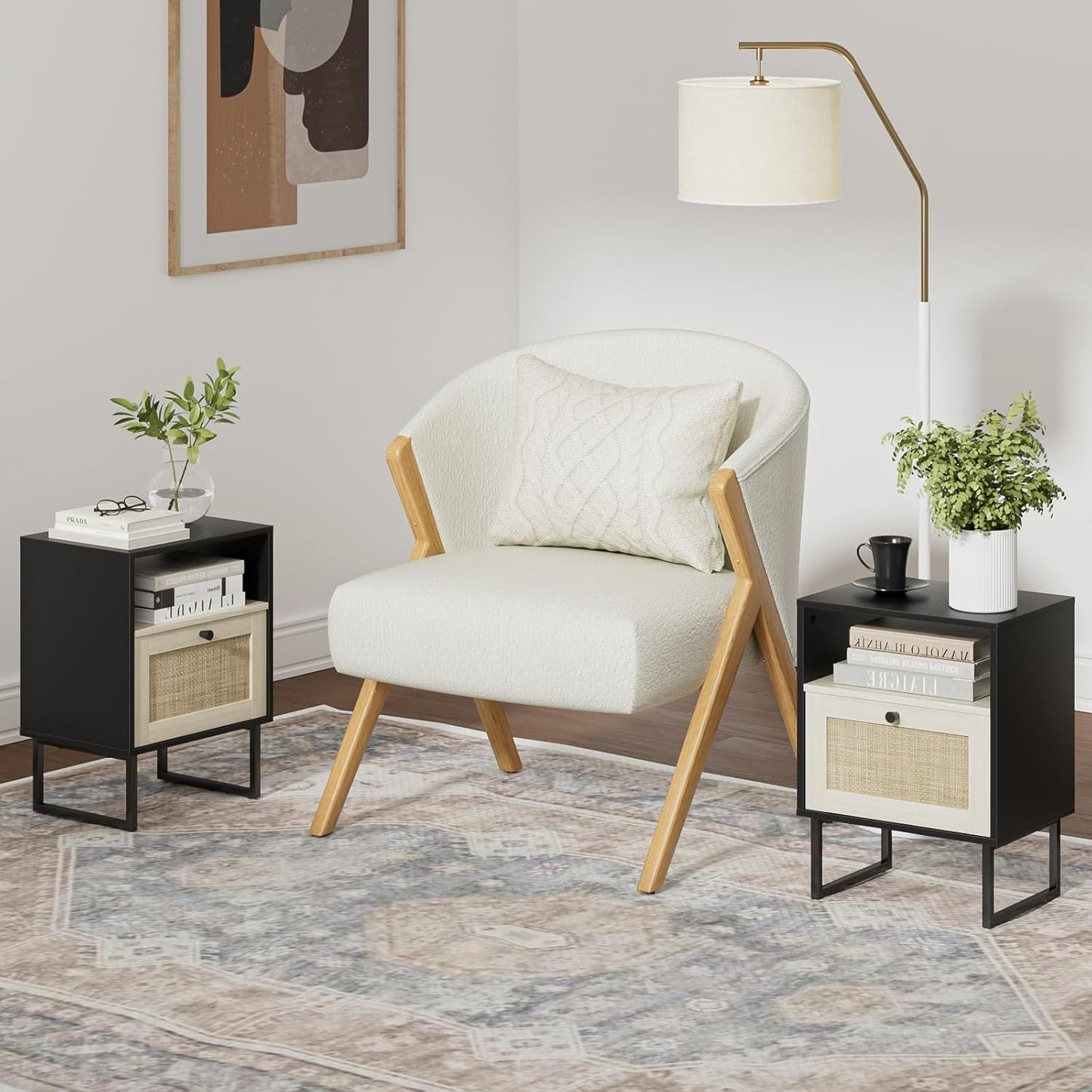 Masupu Boho Night Stand, Small Rattan Side Table, Wood Nightstand with Drawer and White Oak Shelf, Bedside Table, End Table for Bedroom,Living Room,Office (Black Frame)