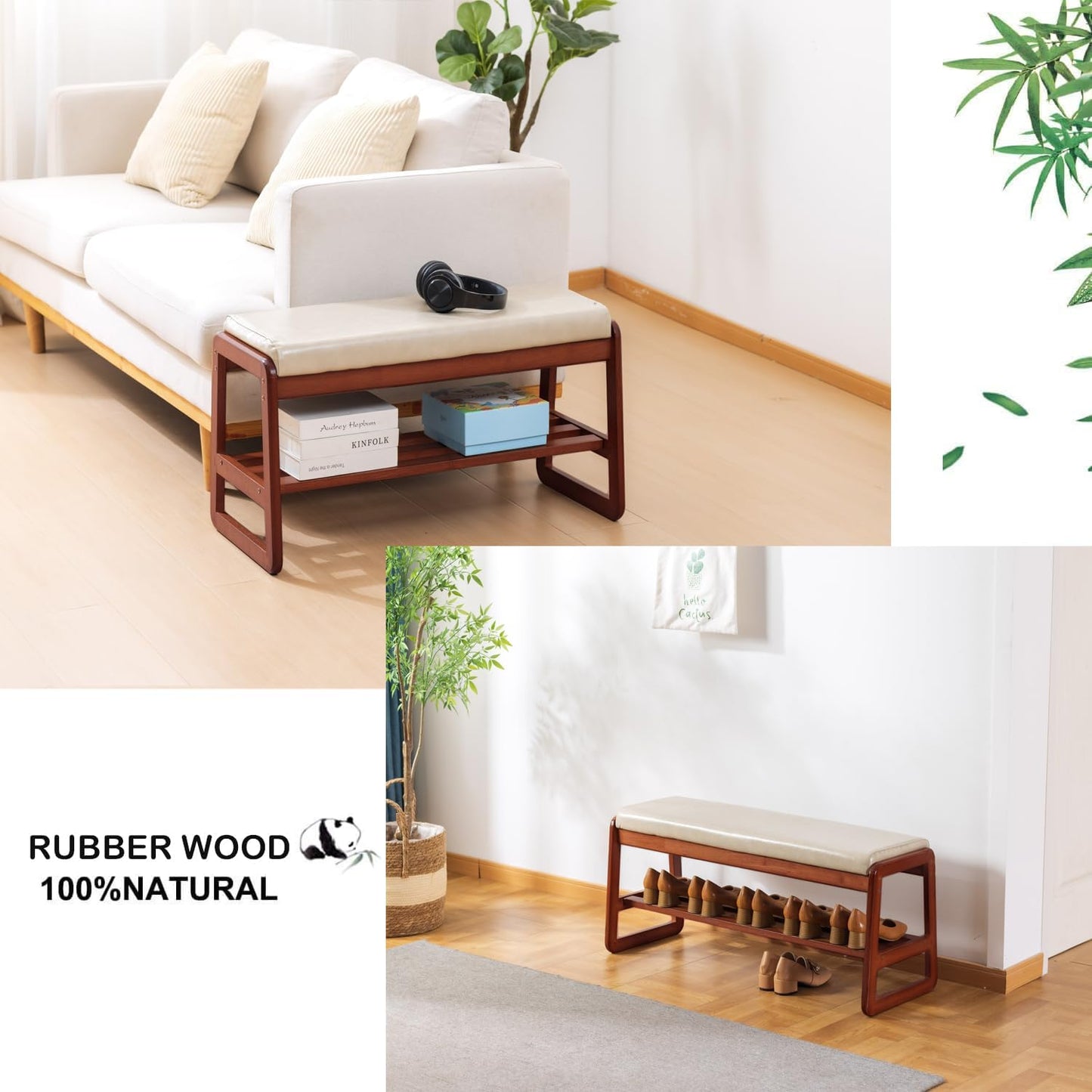 latifolia Solid Wood Bench, Entryway Shoe Bench with Cushion, 2 Tier Shoe Storage Organizer for Hallway, Living Room(Grey,39.70''L)