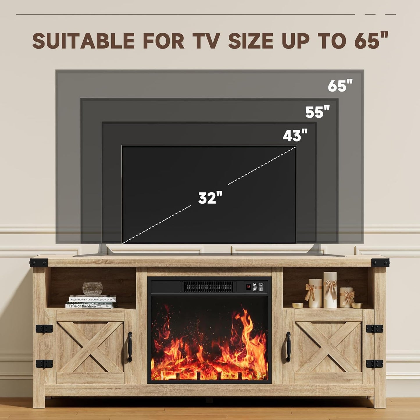 YESHOMY Fireplace TV Stand with Barn Doors and Open Display Shelf, Farmhouse Media Console with Hidden Cable Routing, Entertainment Center for Televisions up to 65+ Inch, Natural Oak