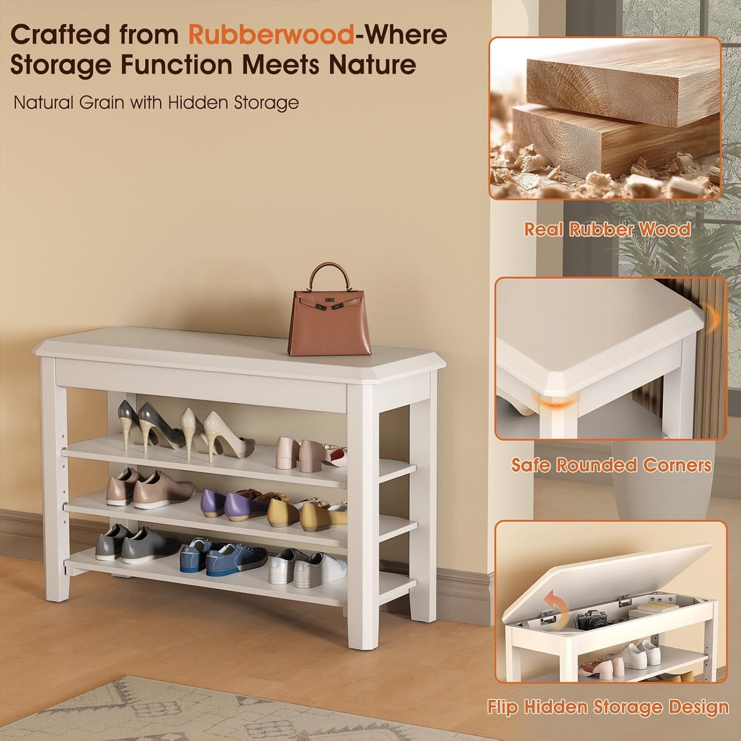 Shoe Rack Bench Seat Rubberwood 3-Tier Wooden Storage Bench 550lbs Compact Mid-Century Modern Design for Entryway, Hallway, Closet, Front Door Entrance, Foyer