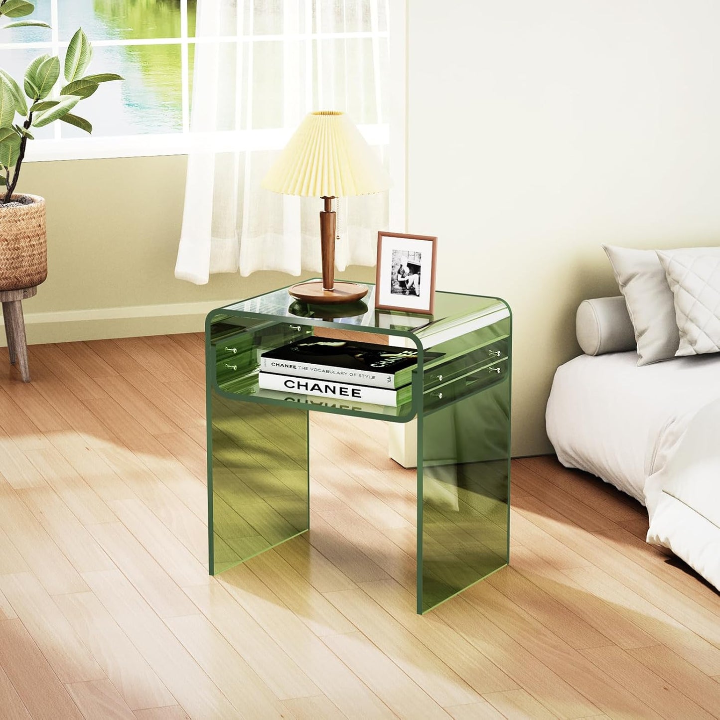 Clear Acrylic End Table 2-Tier Bedside Nightstand for Living Room Bedroom (1, Green)