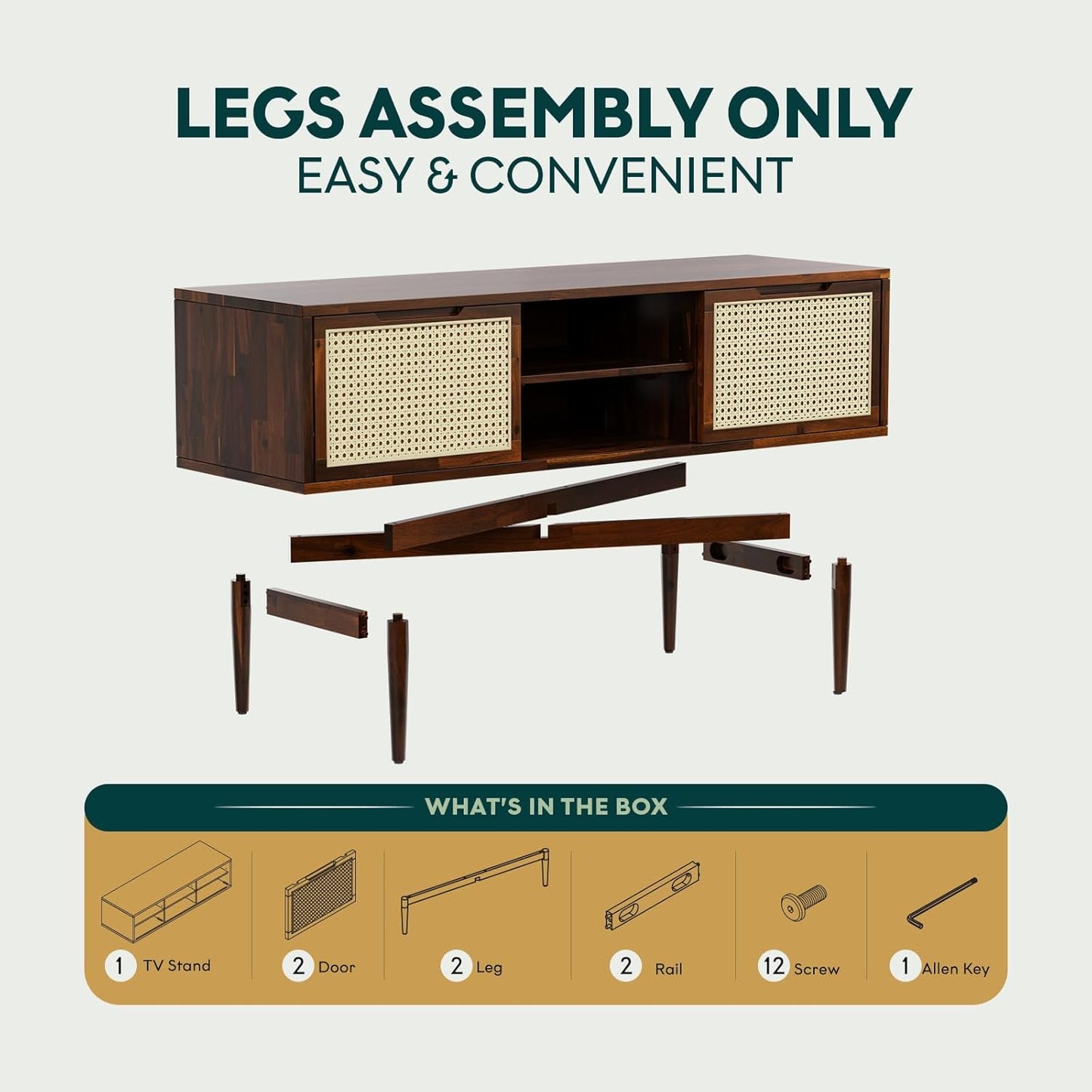 Bme Oliver TV Stand for TVs up to 55", Mid-Century Solid Wood TV Console with Natural Rattan Door, Media TV Console, Entertainment Center with Storage, Fluted Media Cabinet for Living Room, Walnut