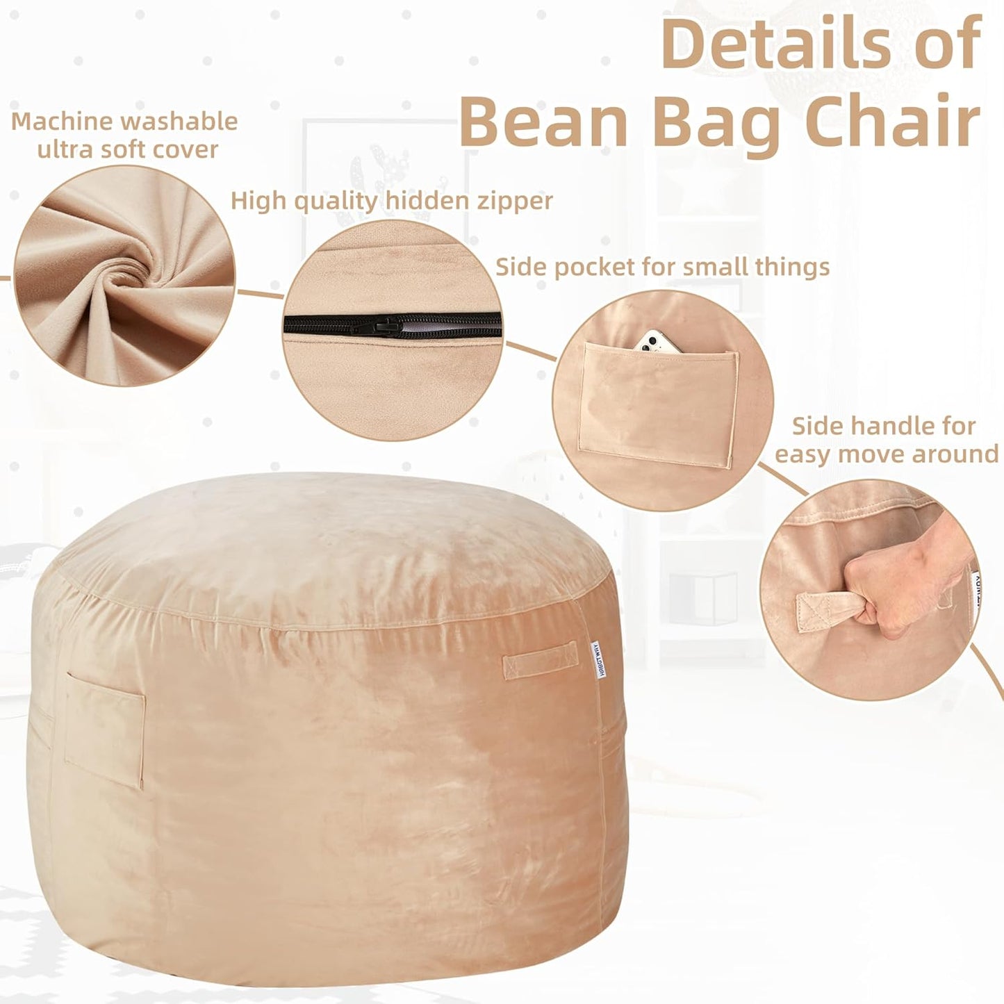 HABUTWAY Bean Bag Chair: Giant 4' Memory Foam Furniture Bean Bag Chairs for Adults with Microfiber Cover 4Ft (Khaki)